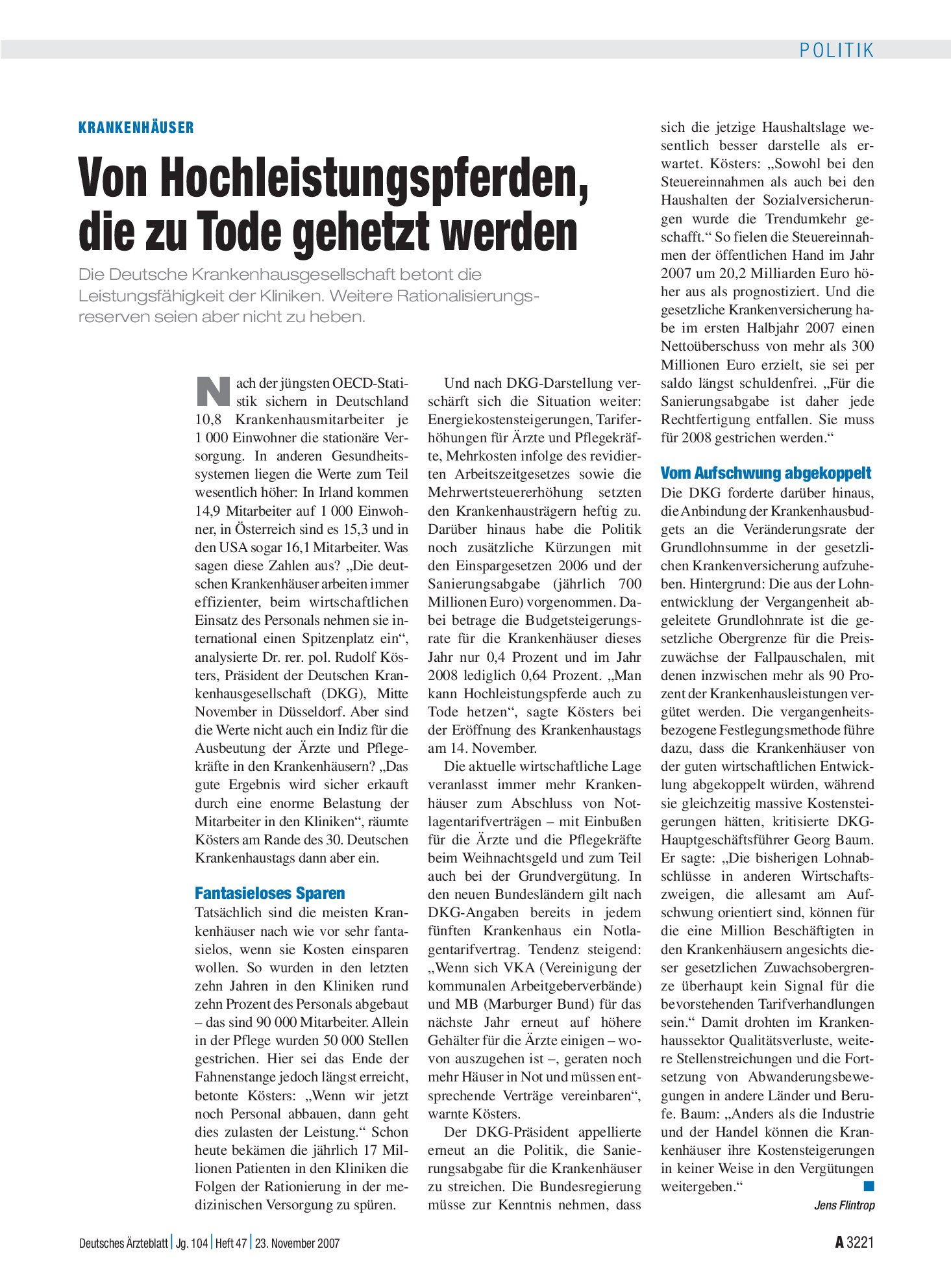 Vorschauseite 1: Krankenhäuser: Von Hochleistungspferden, die zu Tode gehetzt werden – Deutsches Ärzteblatt