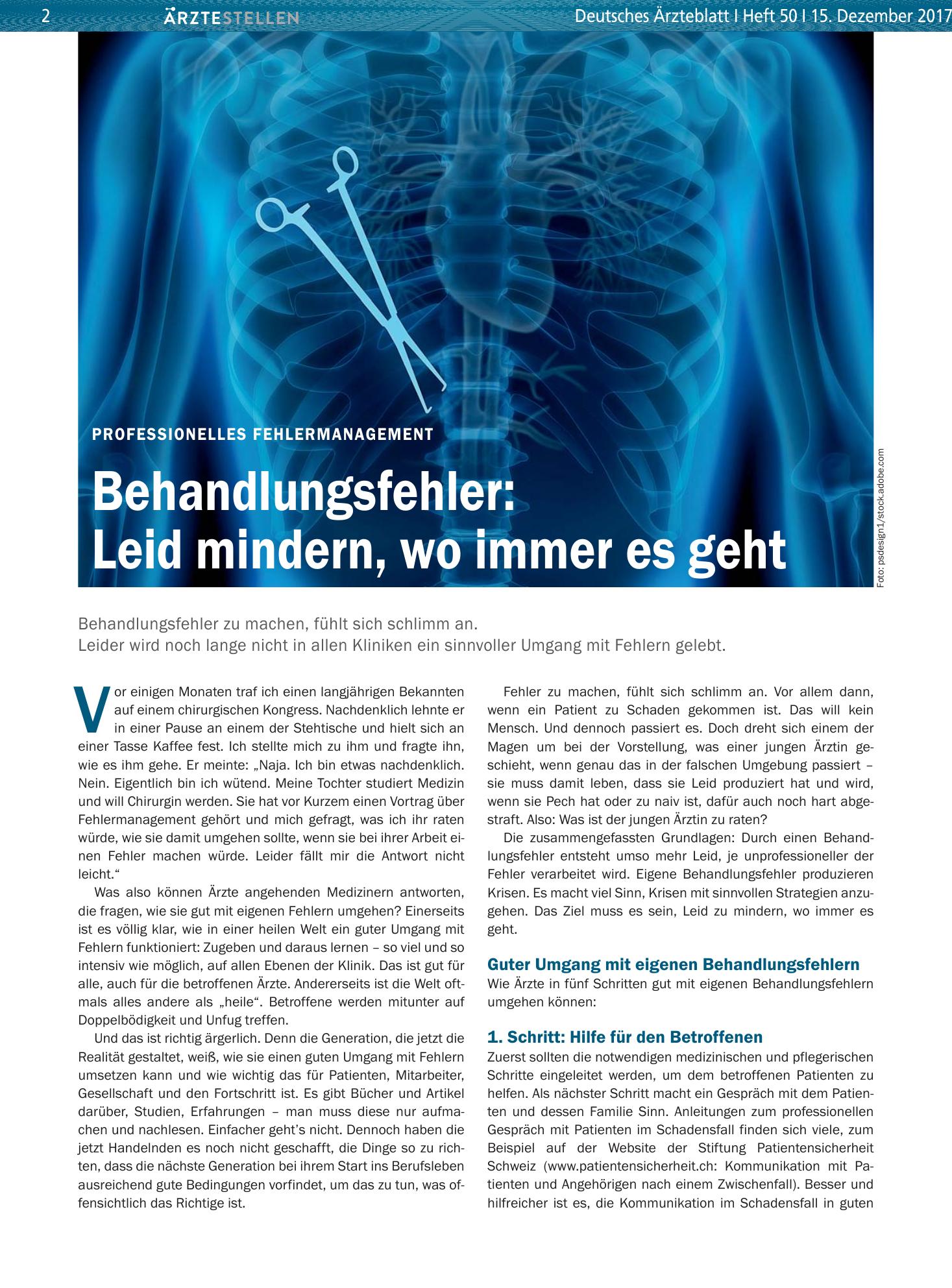 Vorschauseite 1: Professionelles Fehlermanagement: Behandlungsfehler – Leid mindern, wo immer es geht – Deutsches Ärzteblatt