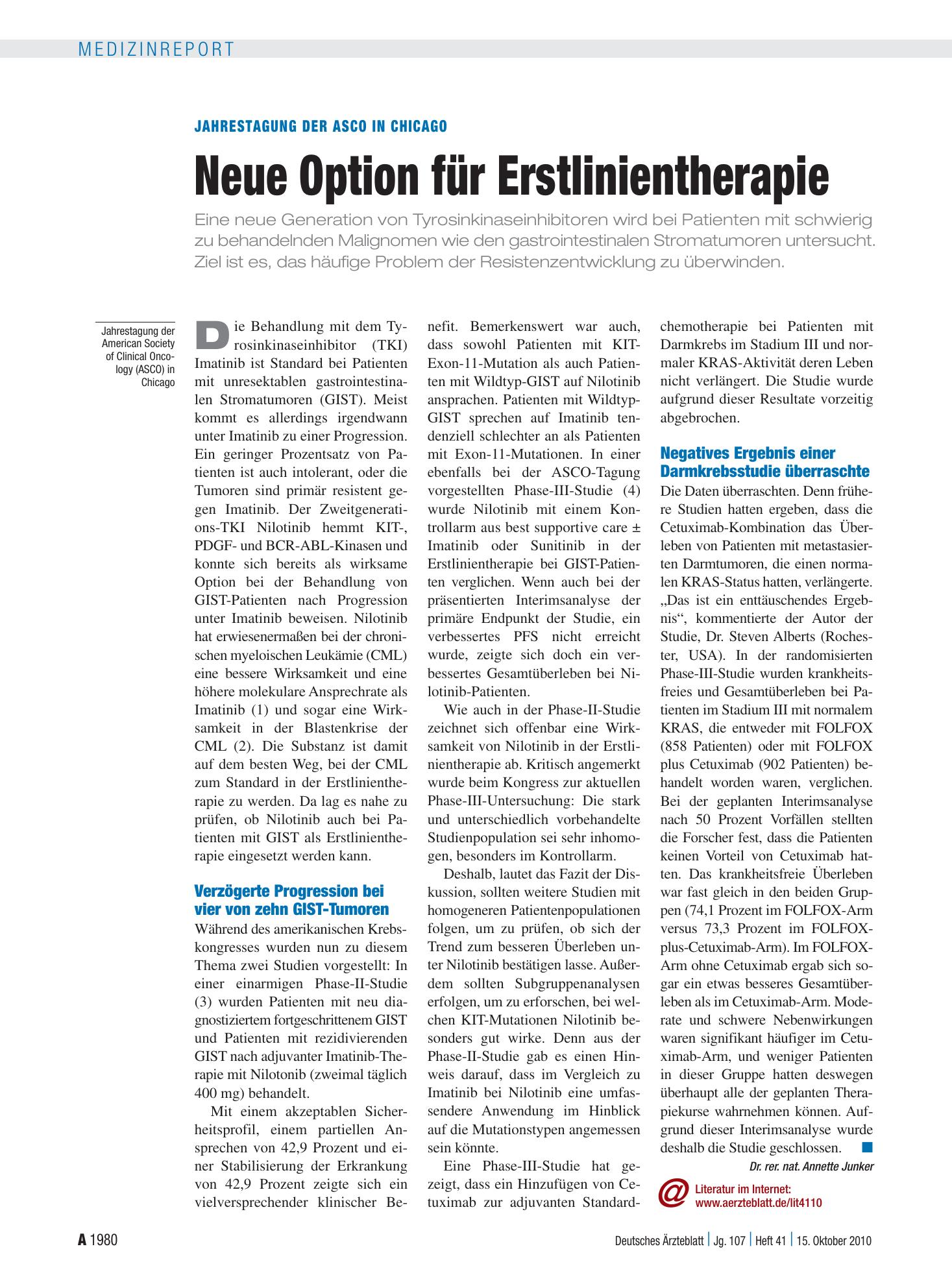 Vorschauseite 1: Jahrestagung der ASCO in Chicago: Neue Option für Erstlinientherapie – Deutsches Ärzteblatt