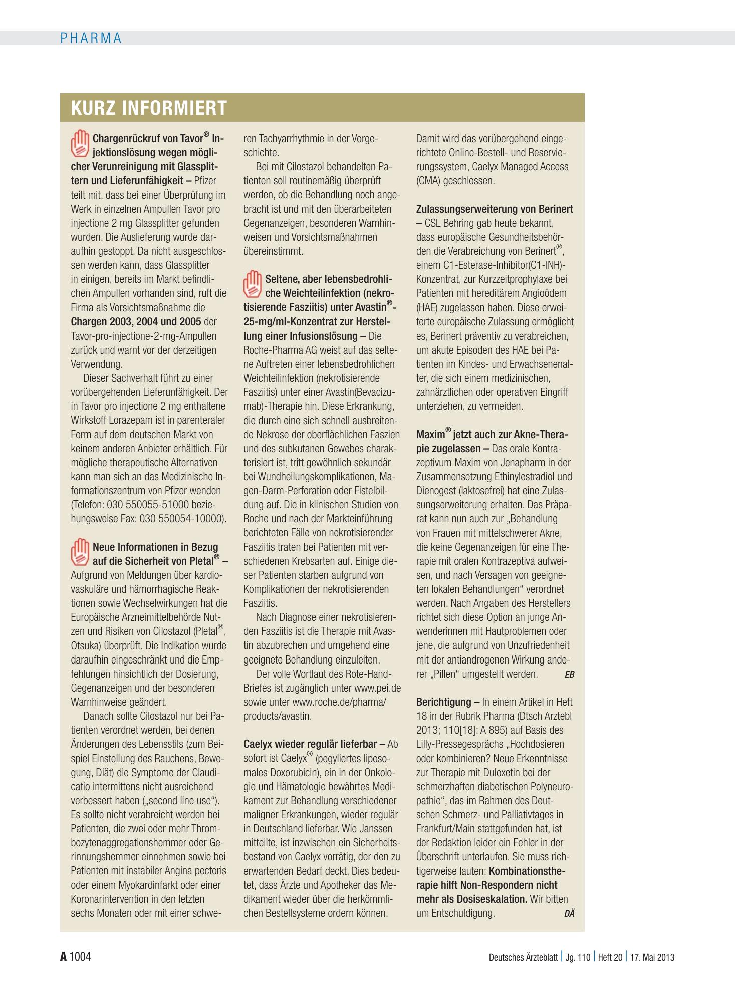 Vorschauseite 1: Kurz informiert – Deutsches Ärzteblatt