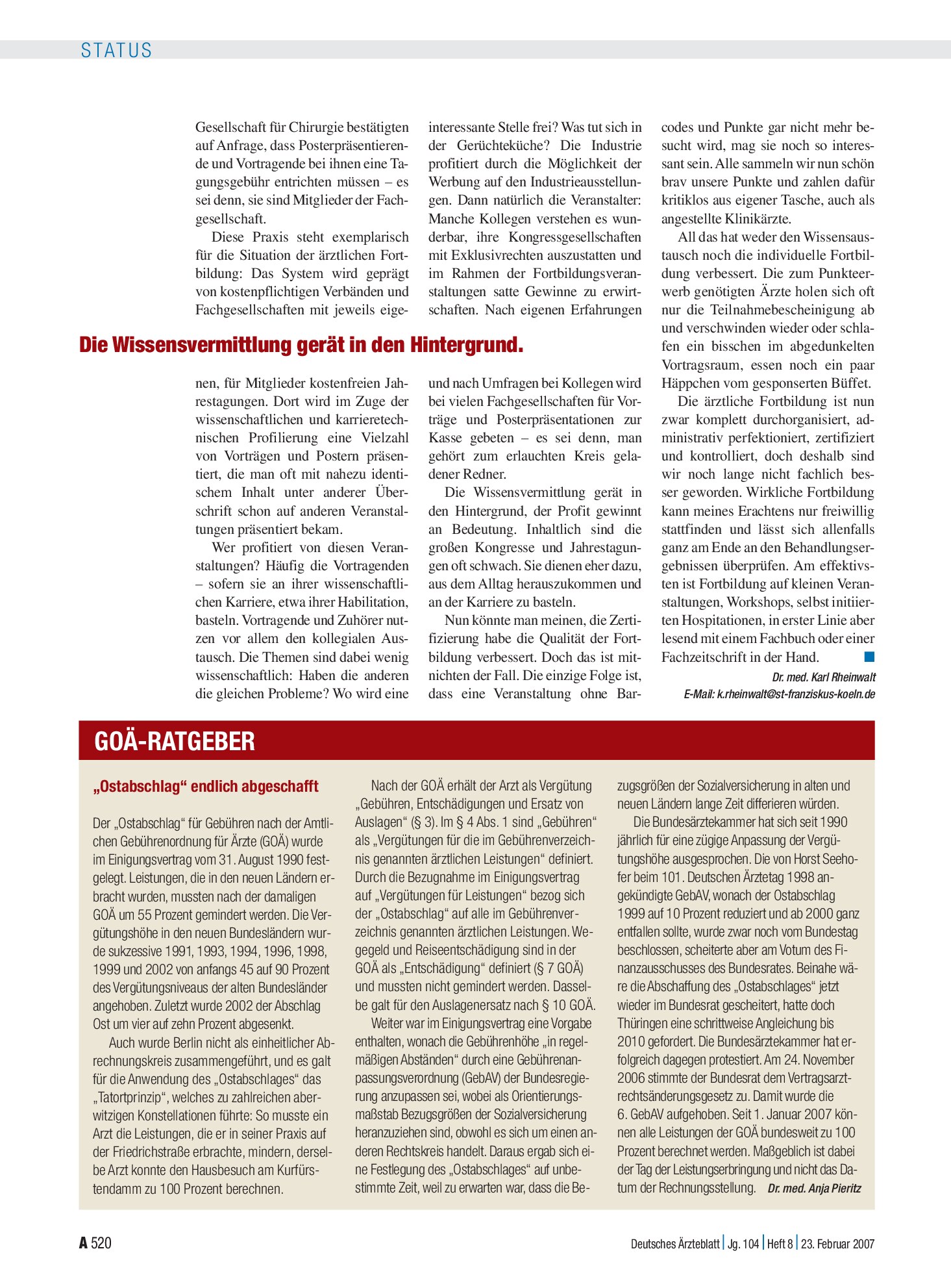 Vorschauseite 1: „Ostabschlag“ endlich abgeschafft – Deutsches Ärzteblatt