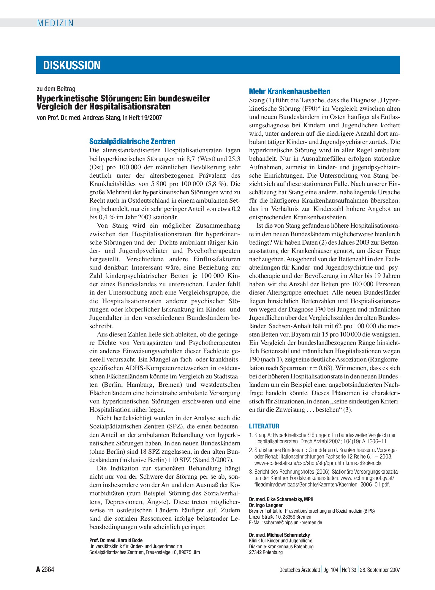 Vorschauseite 1: Hyperkinetische Störungen: Ein bundesweiter Vergleich der Hospitalisationsraten: Mehr Krankenhausbetten – Deutsches Ärzteblatt