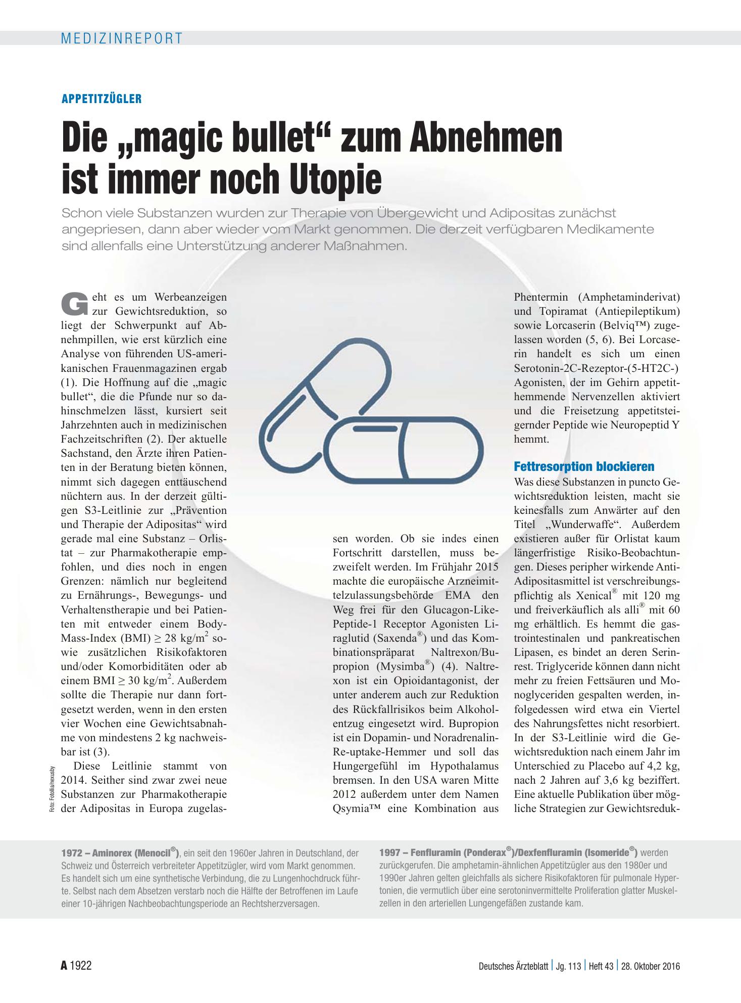 Vorschauseite 1: Appetitzügler: Die „magic bullet“ zum Abnehmen ist immer noch Utopie – Deutsches Ärzteblatt