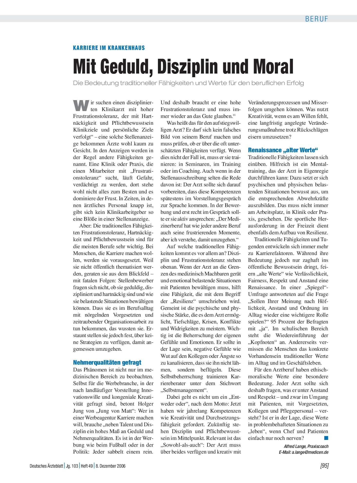 Vorschauseite 1: Karriere im Krankenhaus: Mit Geduld, Disziplin und Moral – Deutsches Ärzteblatt