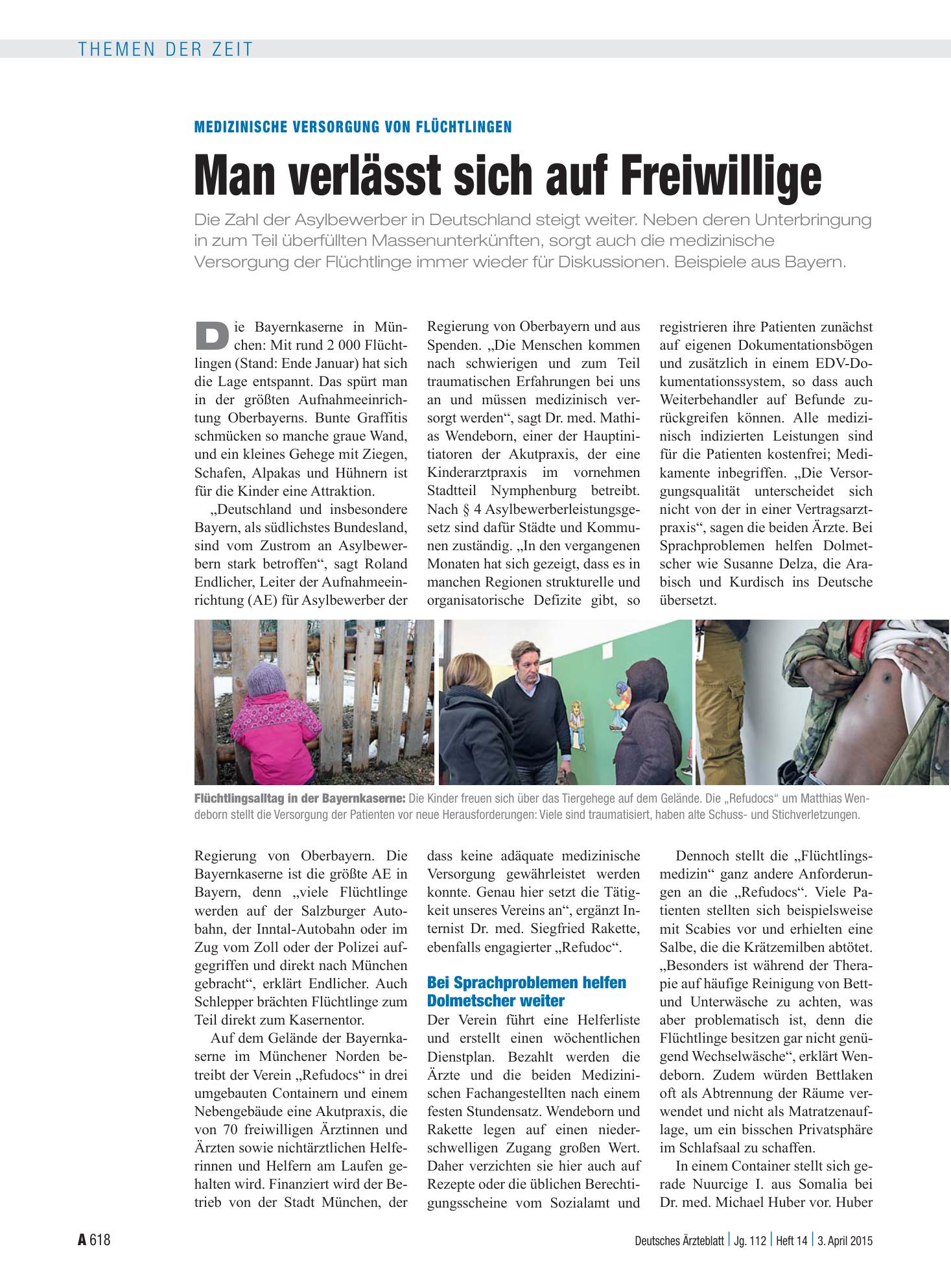 Vorschauseite 1: Medizinische Versorgung von Flüchtlingen: Man verlässt sich auf Freiwillige – Deutsches Ärzteblatt