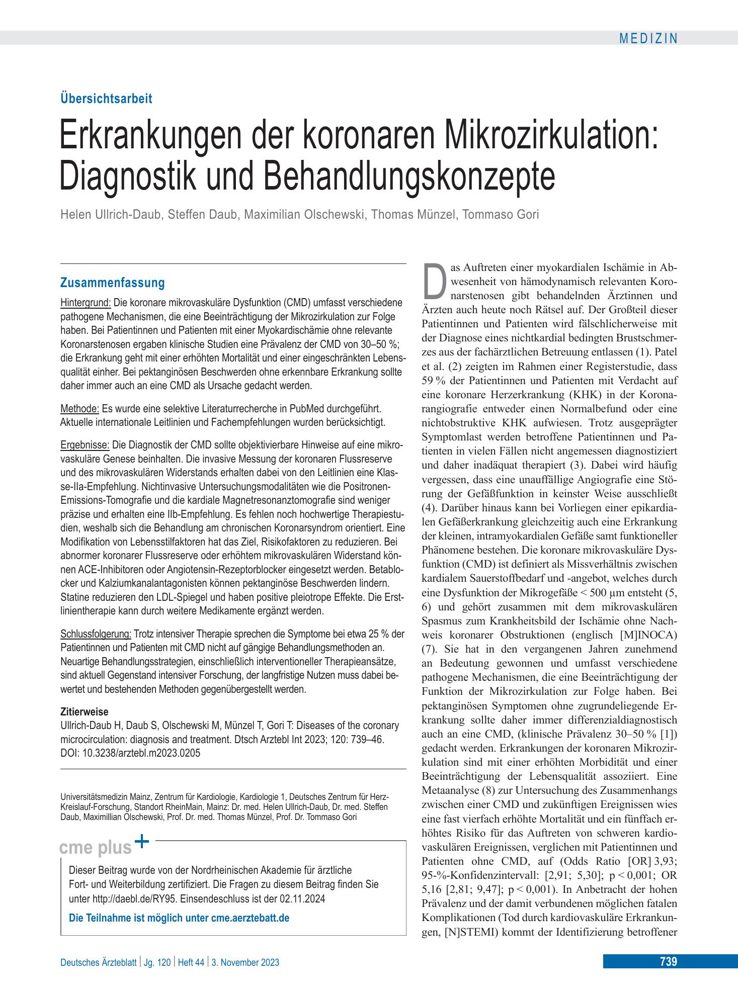 Vorschauseite 1: Erkrankungen der koronaren Mikrozirkulation: Diagnostik und Behandlungskonzepte – Deutsches Ärzteblatt
