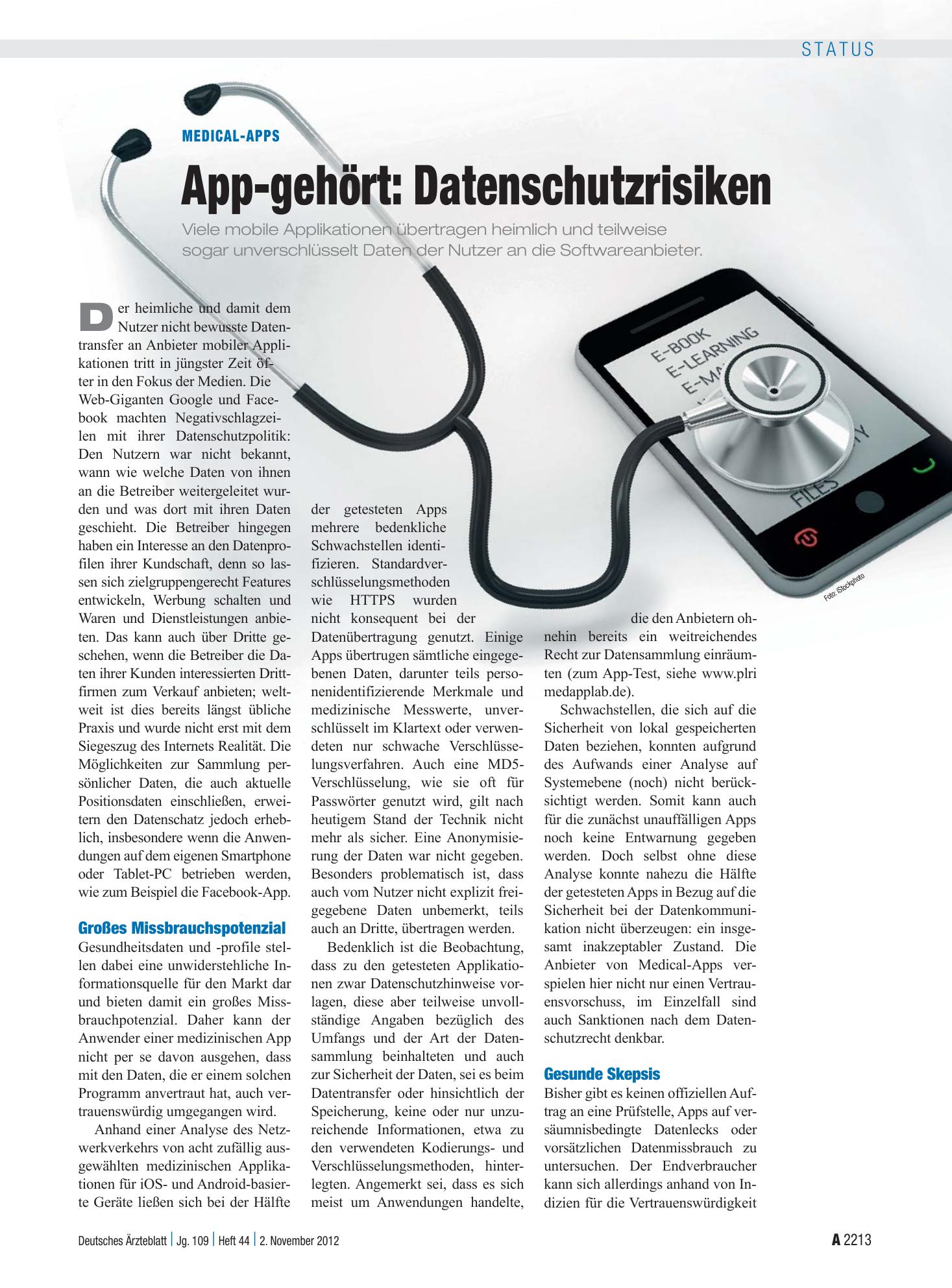 Vorschauseite 1: Medical-Apps: App-gehört – Datenschutzrisiken – Deutsches Ärzteblatt