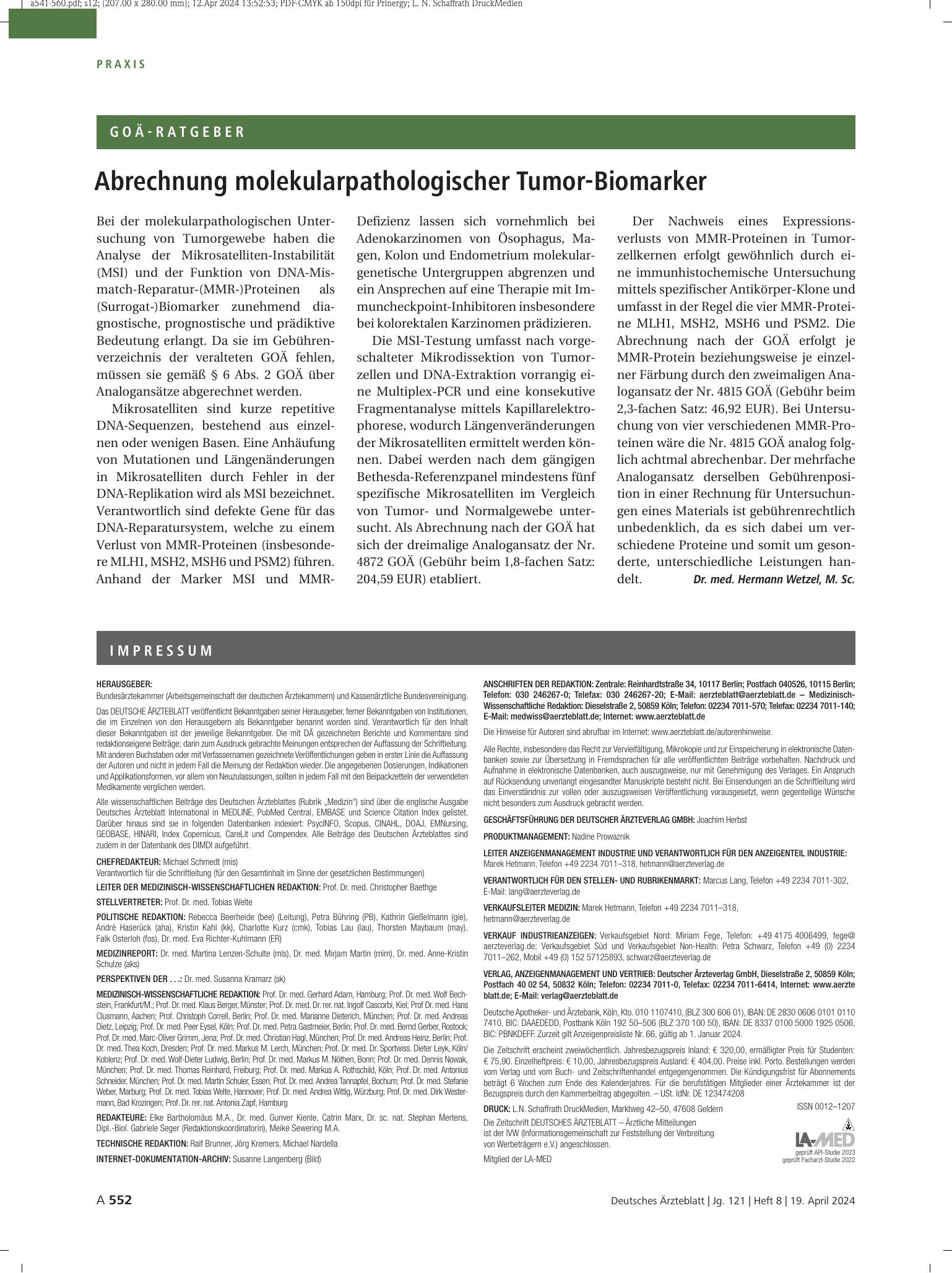 Vorschauseite 1: Abrechnung molekularpathologischer Tumor-Biomarker – Deutsches Ärzteblatt