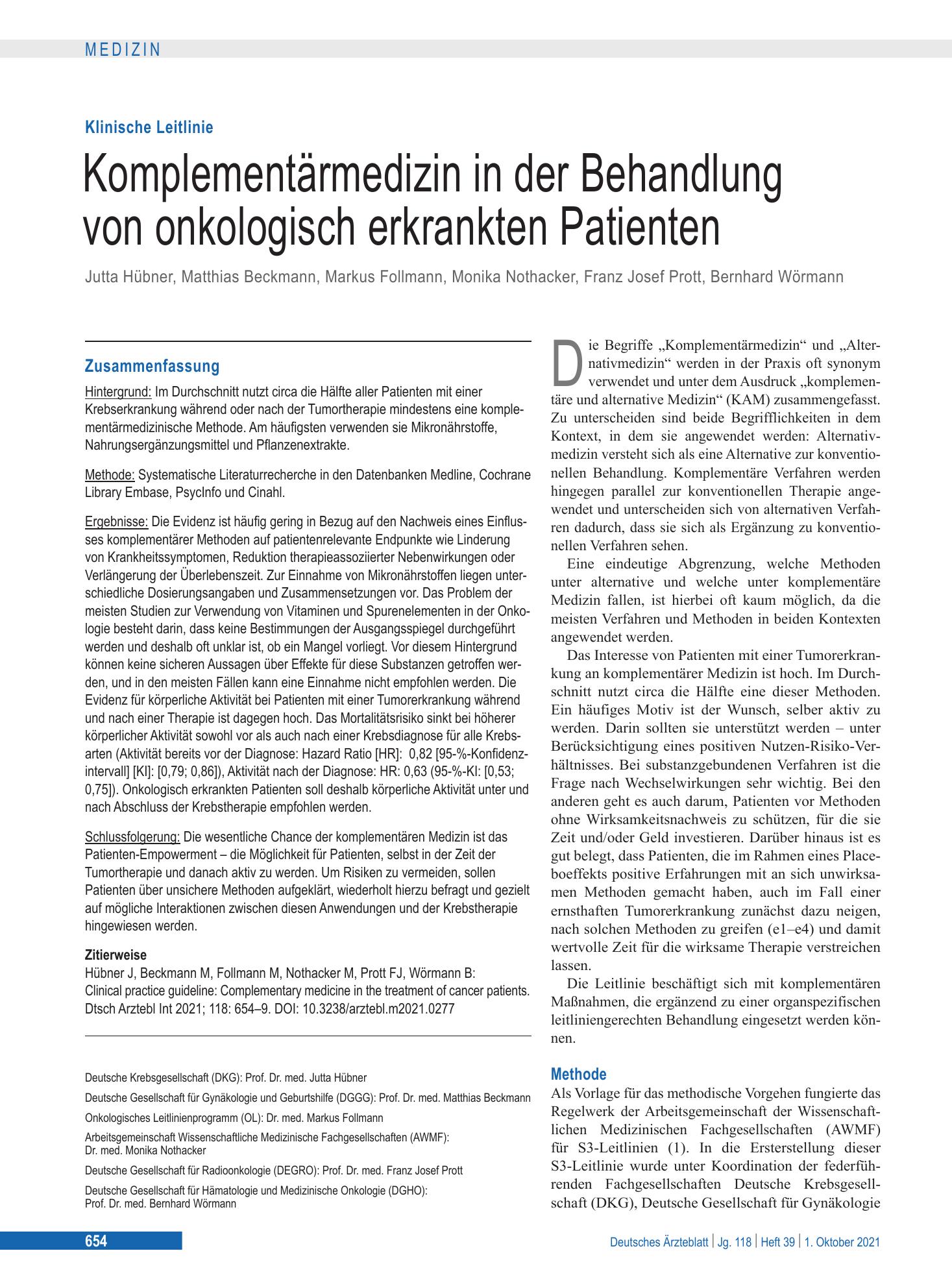 Vorschauseite 1: Komplementärmedizin in der Behandlung von onkologisch erkrankten Patienten – Deutsches Ärzteblatt