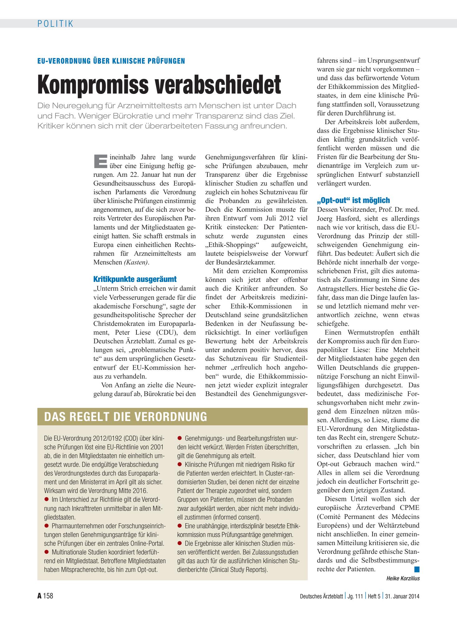 Vorschauseite 1: EU-Verordnung über klinische Prüfungen: Kompromiss verabschiedet – Deutsches Ärzteblatt