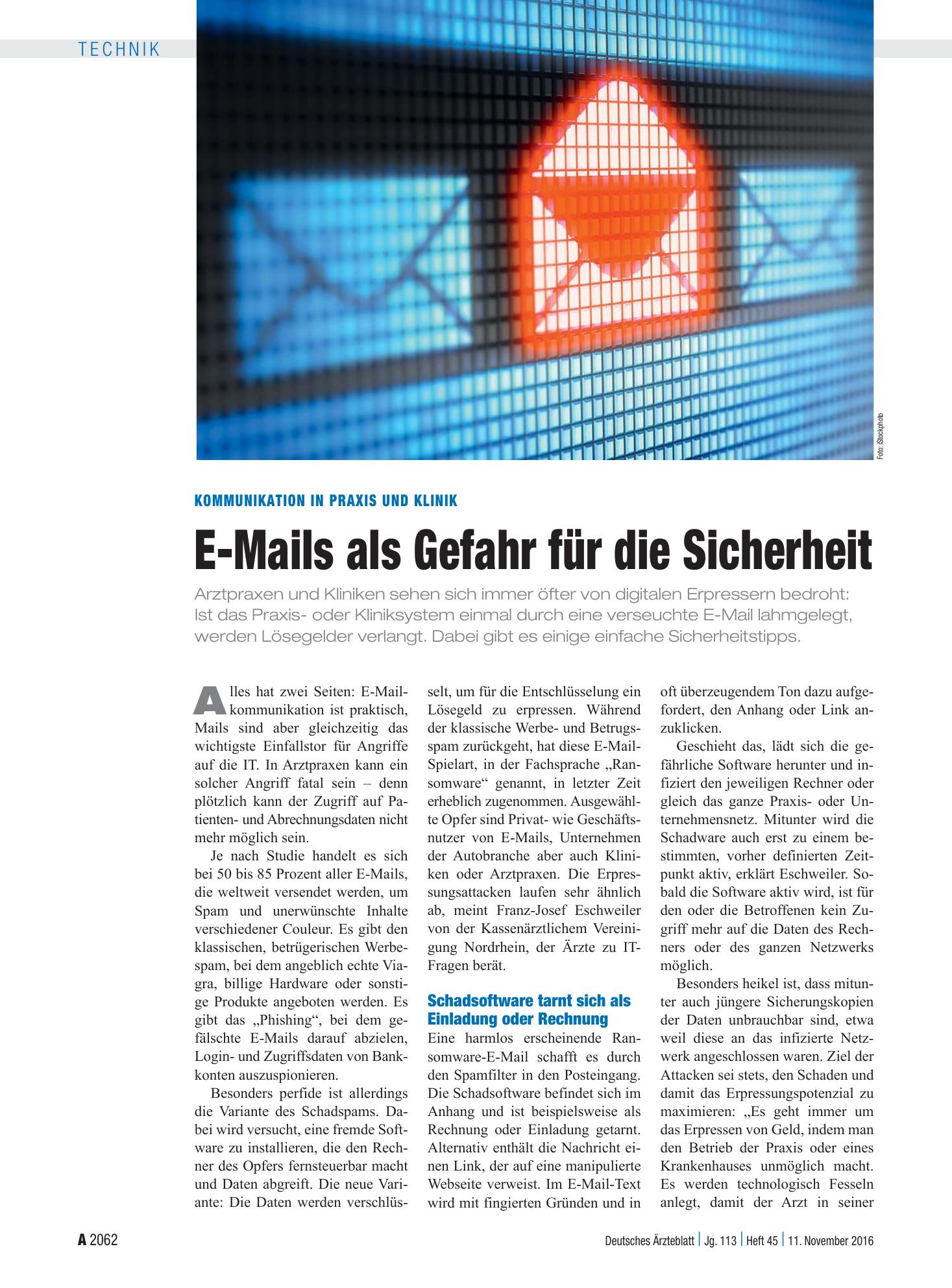 Vorschauseite 1: Kommunikation in Praxis und Klinik: E-Mails als Gefahr für die Sicherheit – Deutsches Ärzteblatt