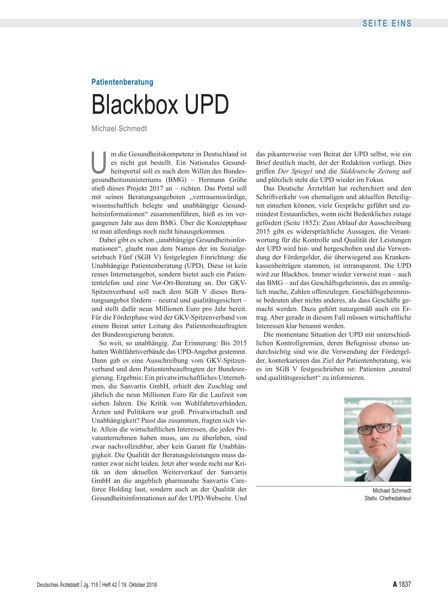 Vorschauseite 1: Patientenberatung: Blackbox UPD – Deutsches Ärzteblatt