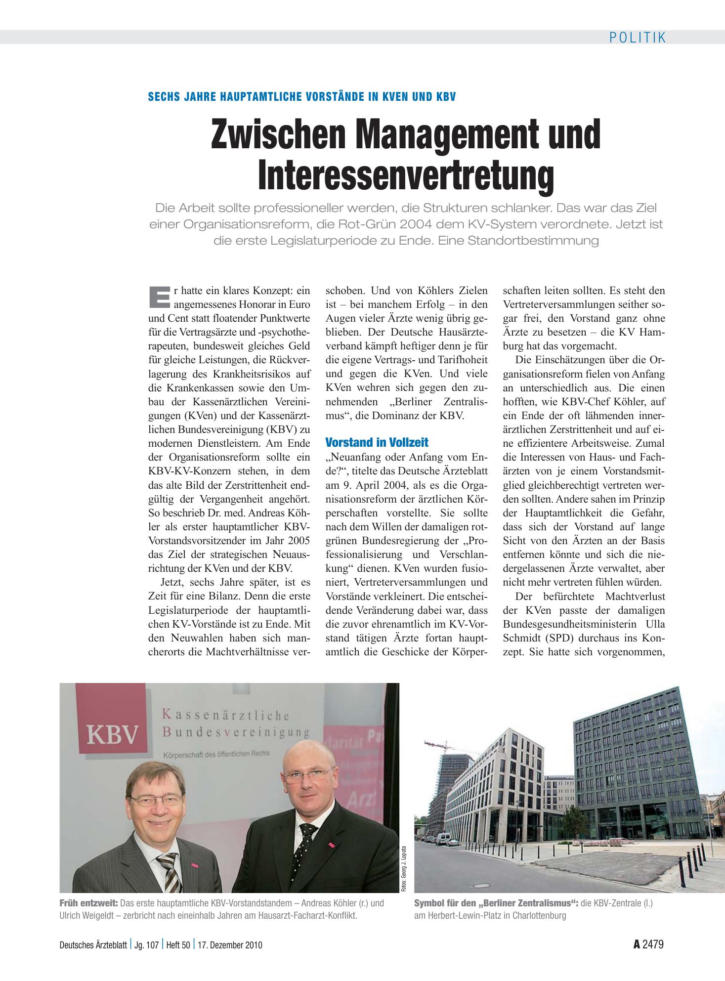 Vorschauseite 1: Sechs Jahre hauptamtliche Vorstände in KVen und KBV: Zwischen Management und Interessenvertretung – Deutsches Ärzteblatt