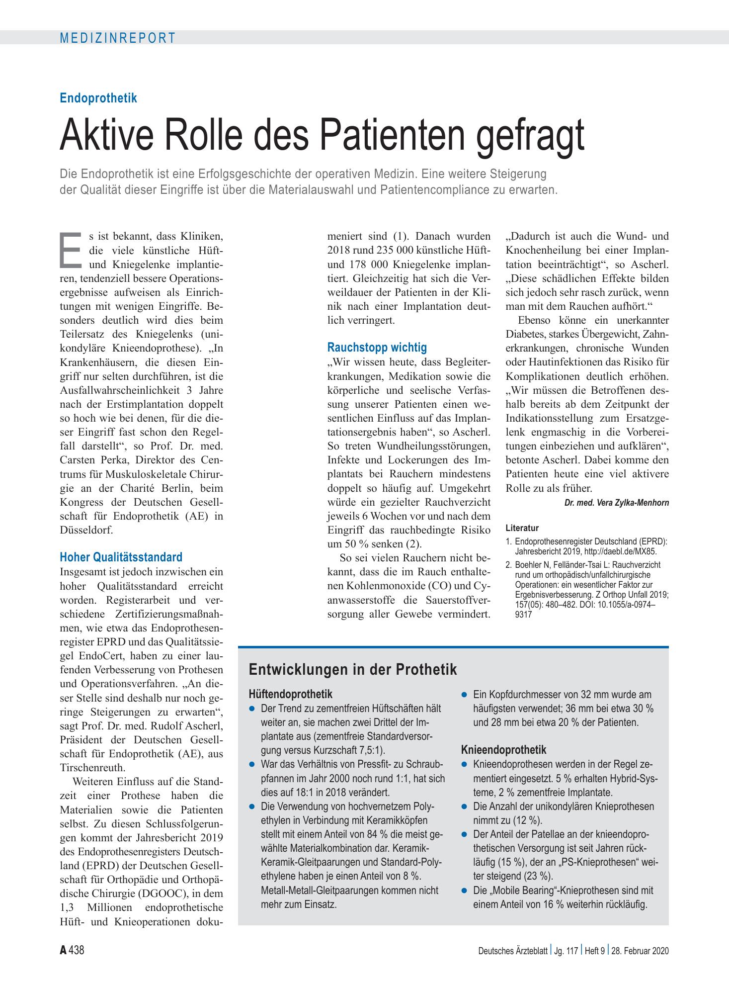 Vorschauseite 1: Endoprothetik: Aktive Rolle des Patienten gefragt – Deutsches Ärzteblatt