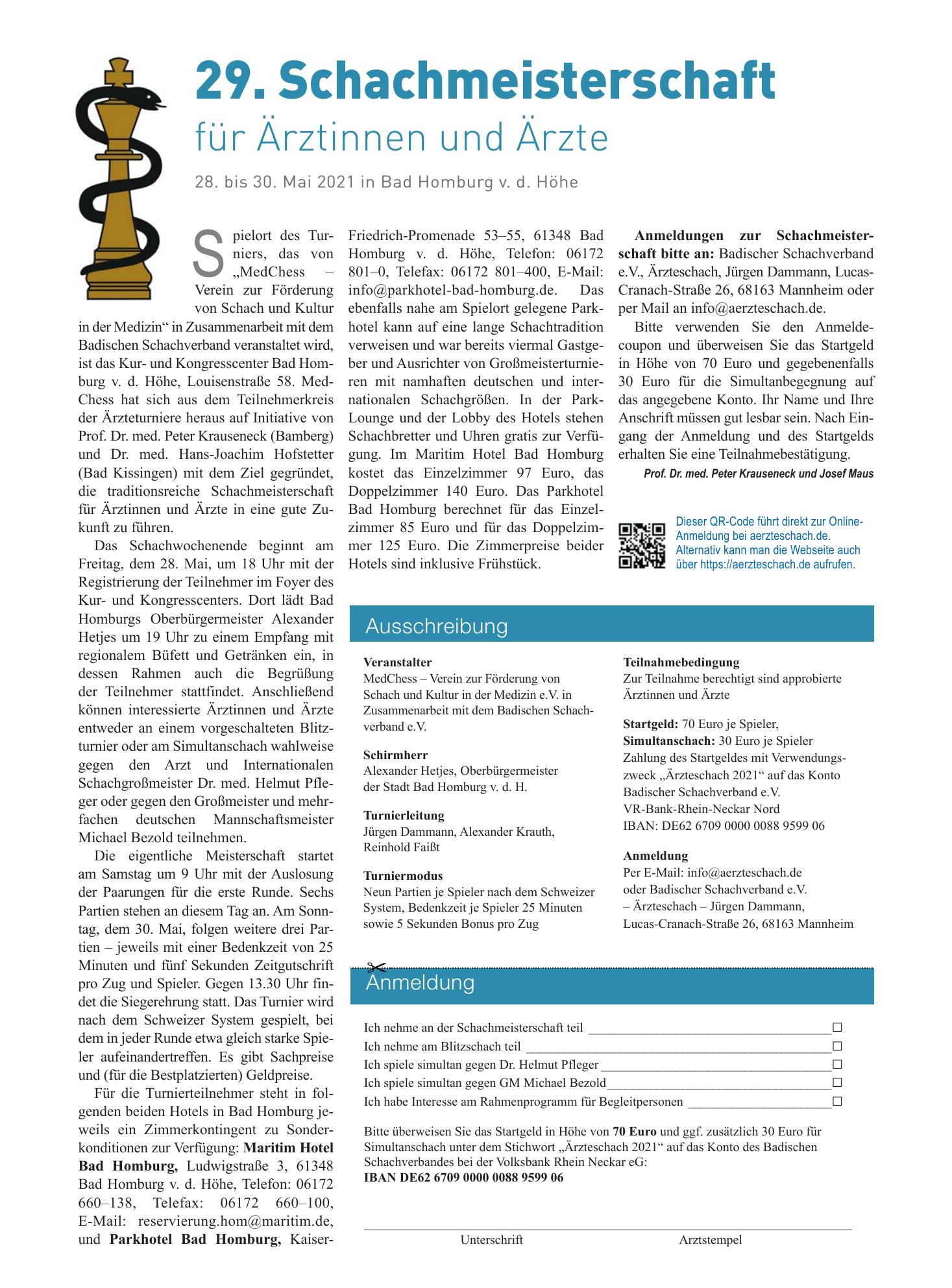Vorschauseite 1: 29. Schachmeisterschaft für Ärztinnen und Ärzte – Deutsches Ärzteblatt