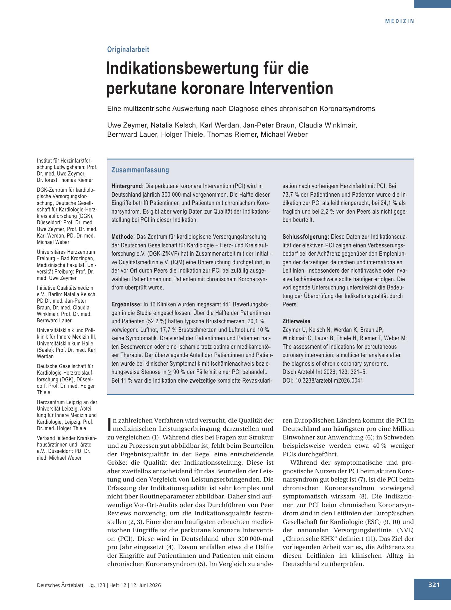 Vorschauseite 1: Indikationsbewertung für die perkutane koronare Intervention – Deutsches Ärzteblatt