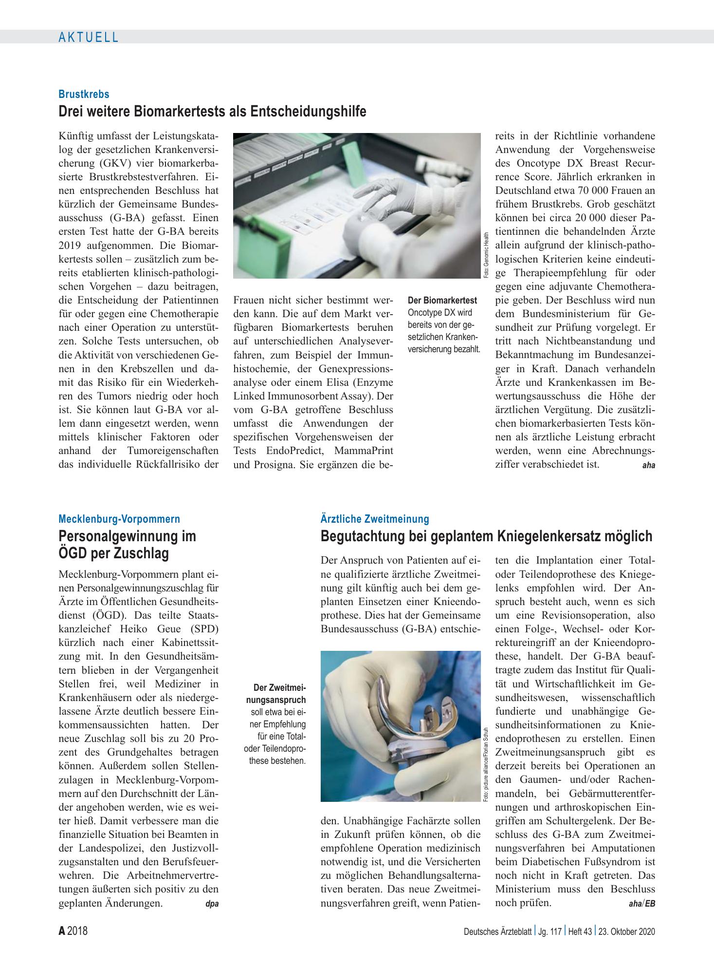 Vorschauseite 1: Brustkrebs: Drei weitere Biomarkertests als Entscheidungshilfe – Deutsches Ärzteblatt