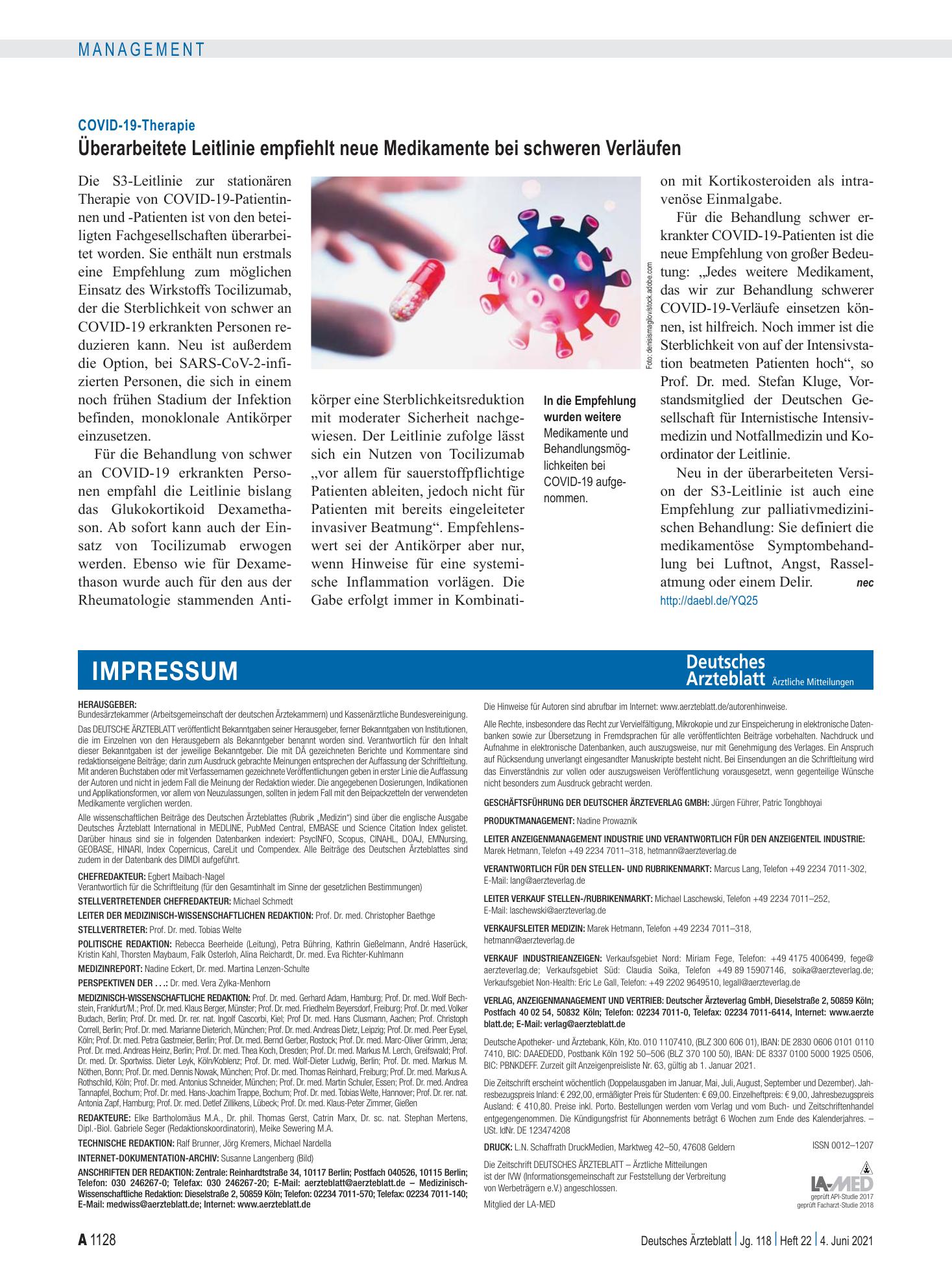 Vorschauseite 1: COVID-19-Therapie: Überarbeitete Leitlinie empfiehlt neue Medikamente bei schweren Verläufen – Deutsches Ärzteblatt