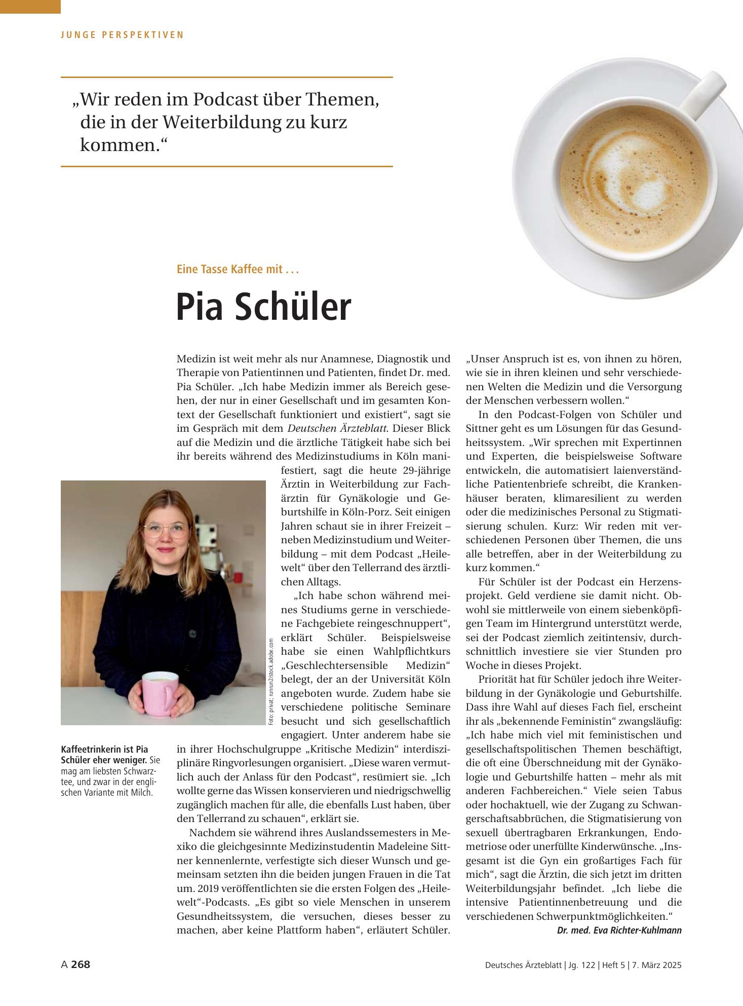 Vorschauseite 1: Eine Tasse Kaffee mit . . . Pia Schüler – Deutsches Ärzteblatt