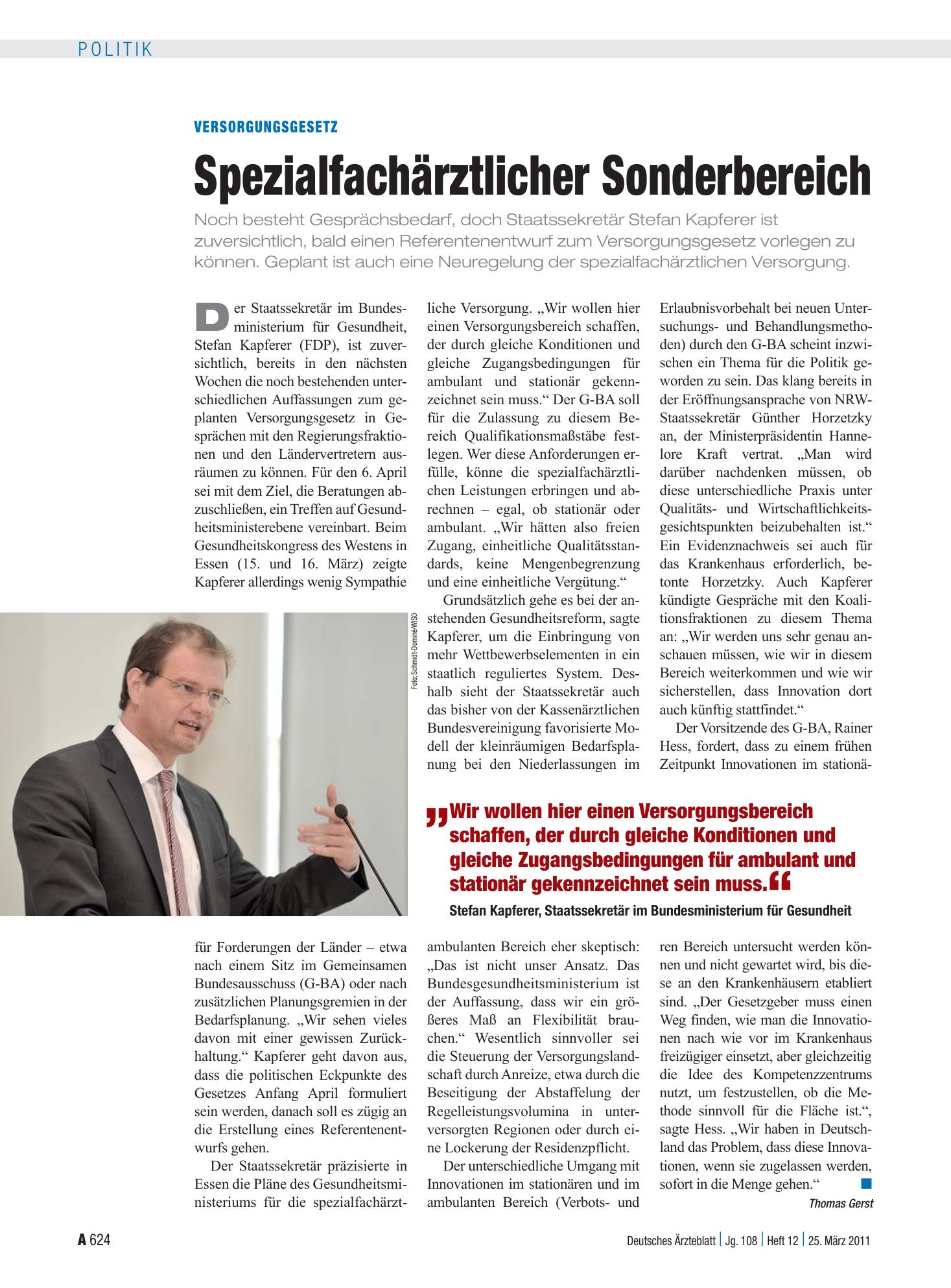 Vorschauseite 1: Versorgungsgesetz: Spezialfachärztlicher Sonderbereich – Deutsches Ärzteblatt