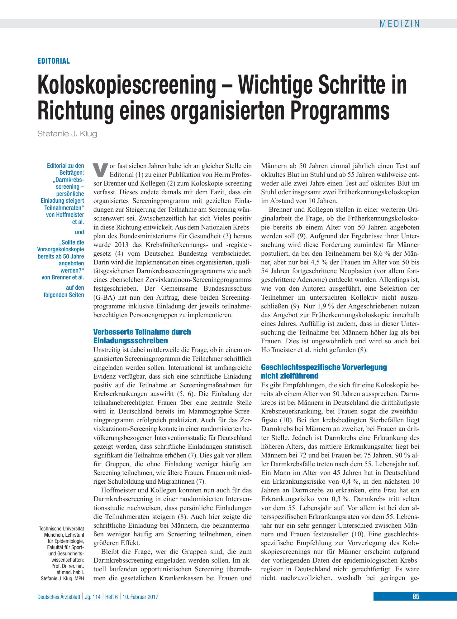 Vorschauseite 1: Koloskopiescreening – Wichtige Schritte in Richtung eines organisierten Programms – Deutsches Ärzteblatt