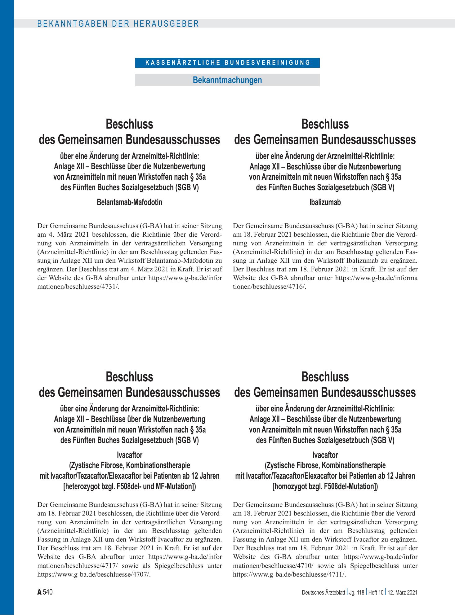 Vorschauseite 1: Beschluss des Gemeinsamen Bundesausschusses über eine Änderung der Arzneimittel-Richtlinie: Anlage XII – Belantamab-Mafodotin – Deutsches Ärzteblatt