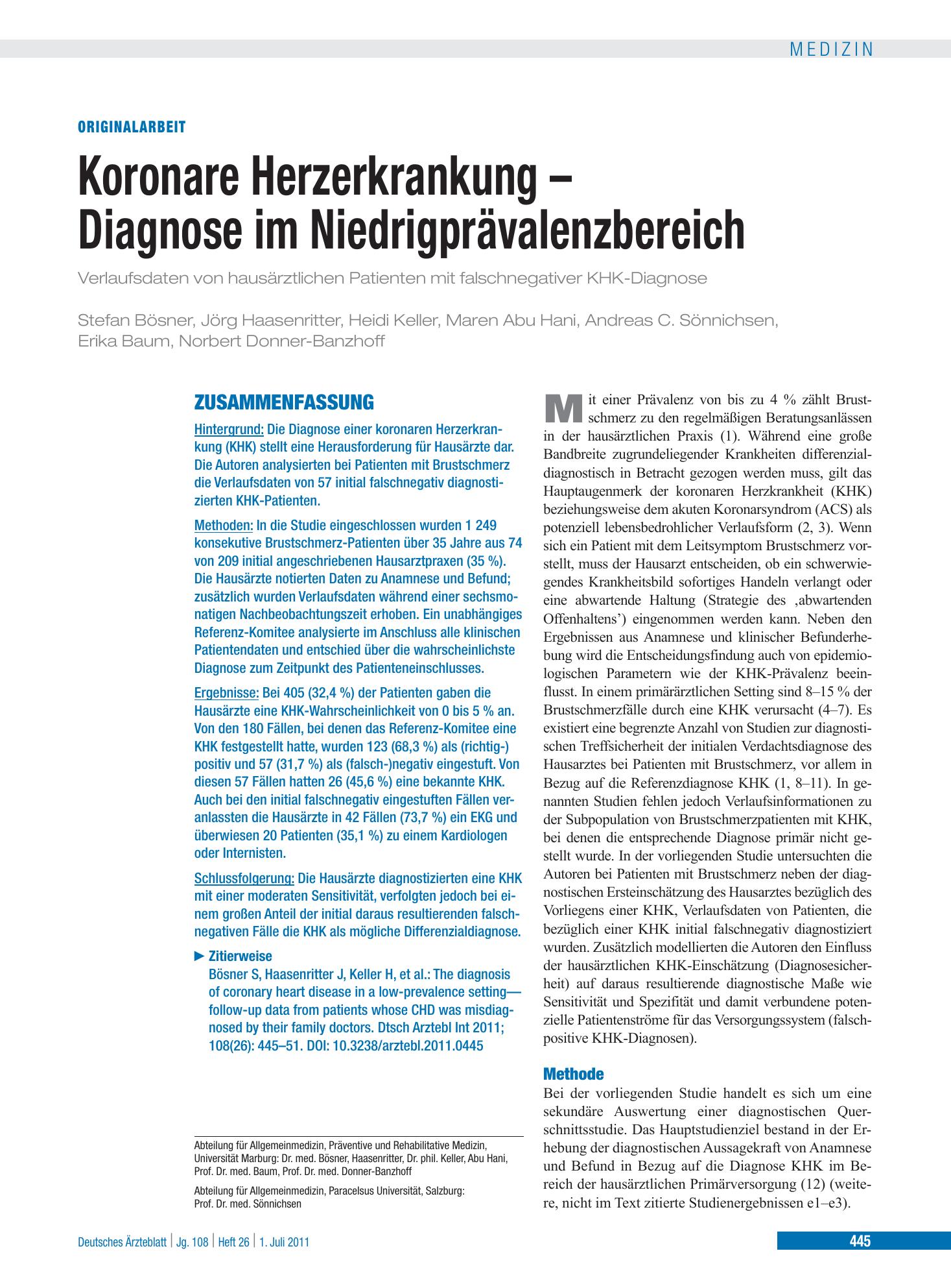 Vorschauseite 1: Koronare Herzerkrankung – Diagnose im Niedrigprävalenzbereich – Deutsches Ärzteblatt