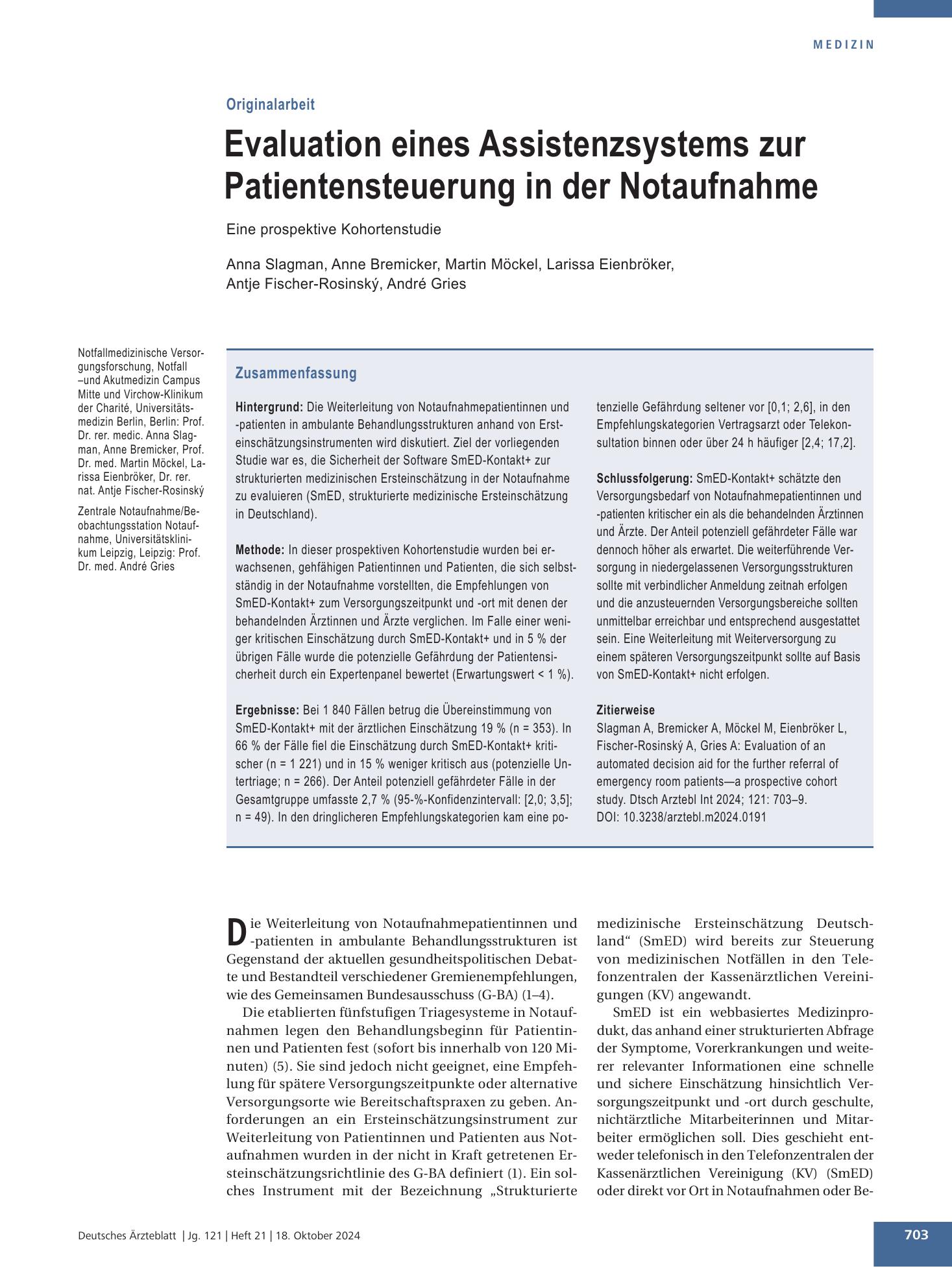 Vorschauseite 1: Evaluation eines Assistenzsystems zur Patientensteuerung in der Notaufnahme – Deutsches Ärzteblatt