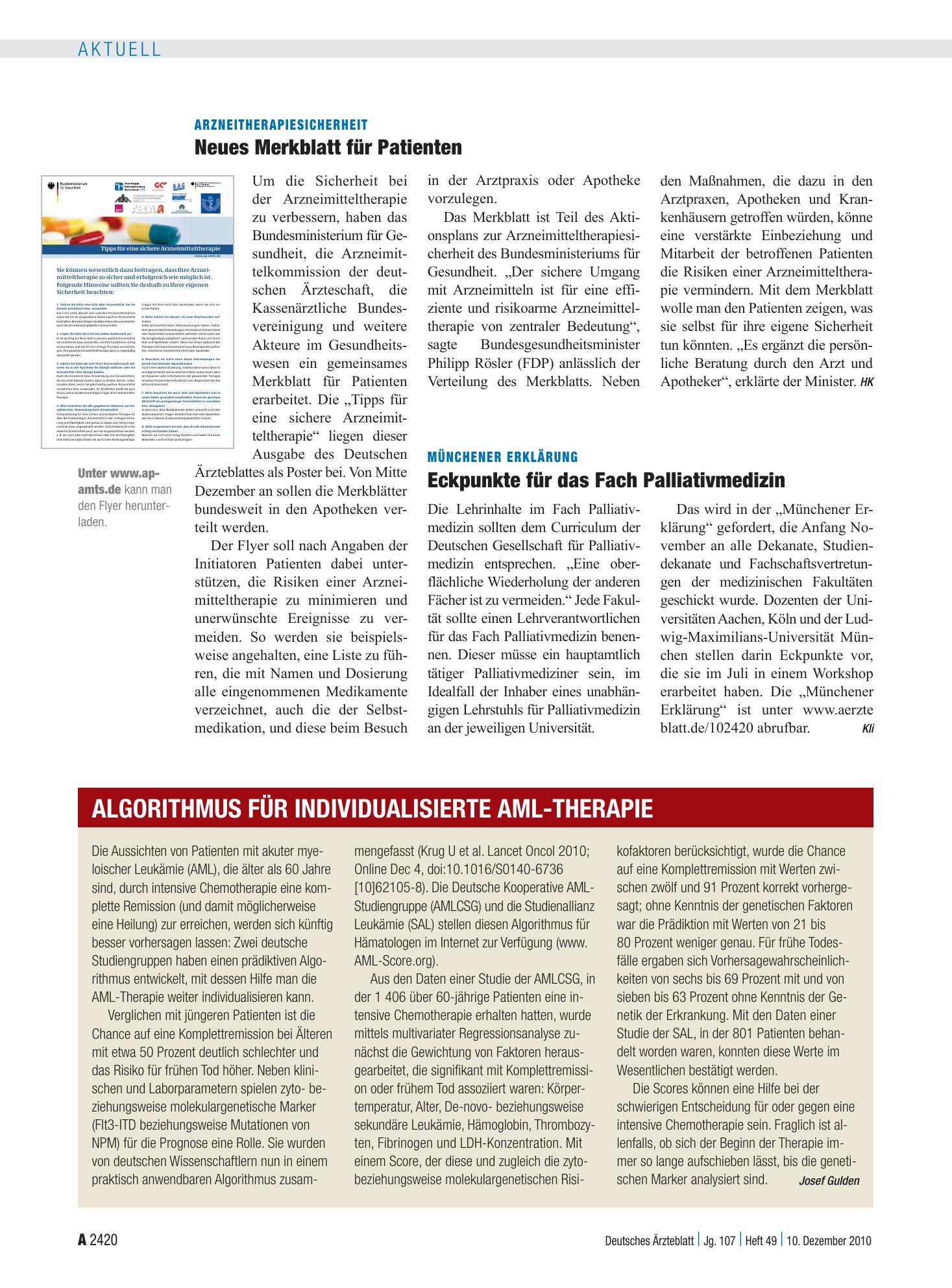 Vorschauseite 1: Algorithmus für individualisierte AML-Therapie – Deutsches Ärzteblatt