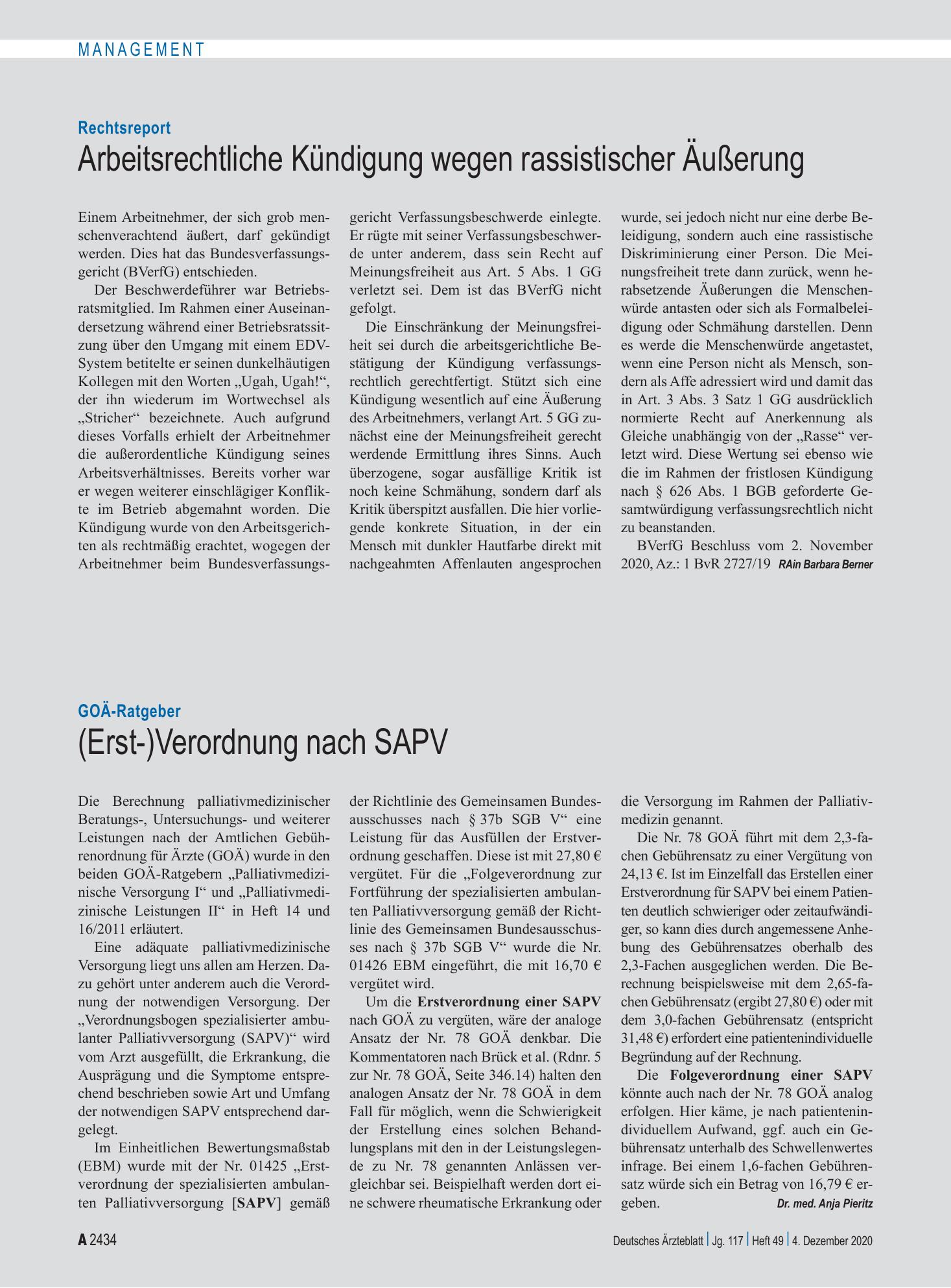 Vorschauseite 1: GOÄ-Ratgeber: (Erst-)Verordnung nach SAPV – Deutsches Ärzteblatt