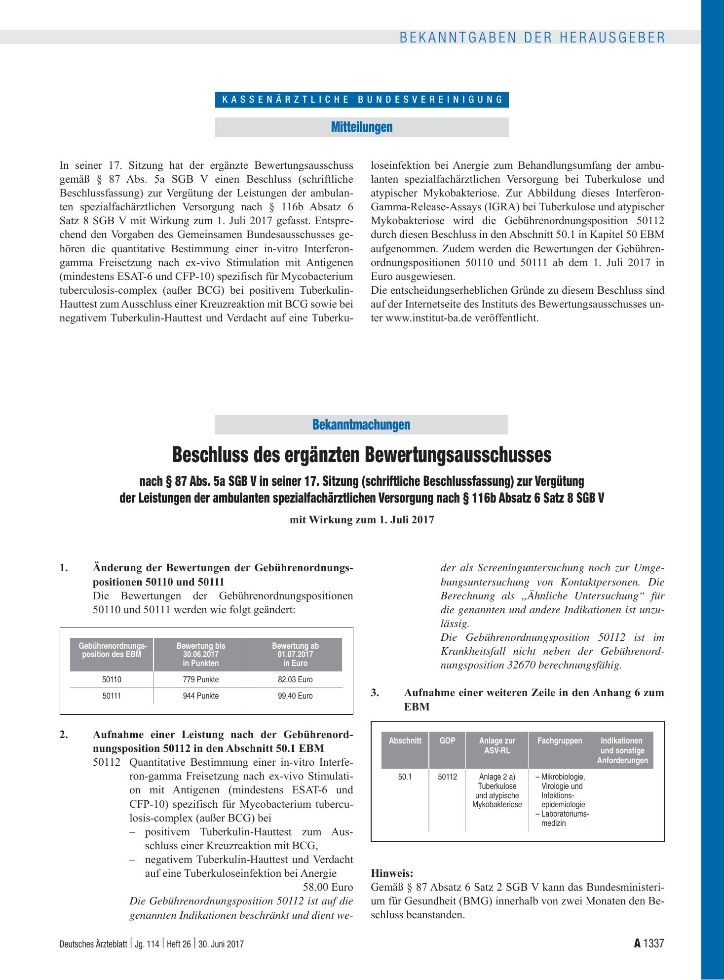 Vorschauseite 1: Beschluss des ergänzten Bewertungsausschusses nach § 87 Abs. 5a SGB V in seiner 17. Sitzung (schriftliche Beschlussfassung) zur Vergütung der Leistungen der ambulanten spezialfach…