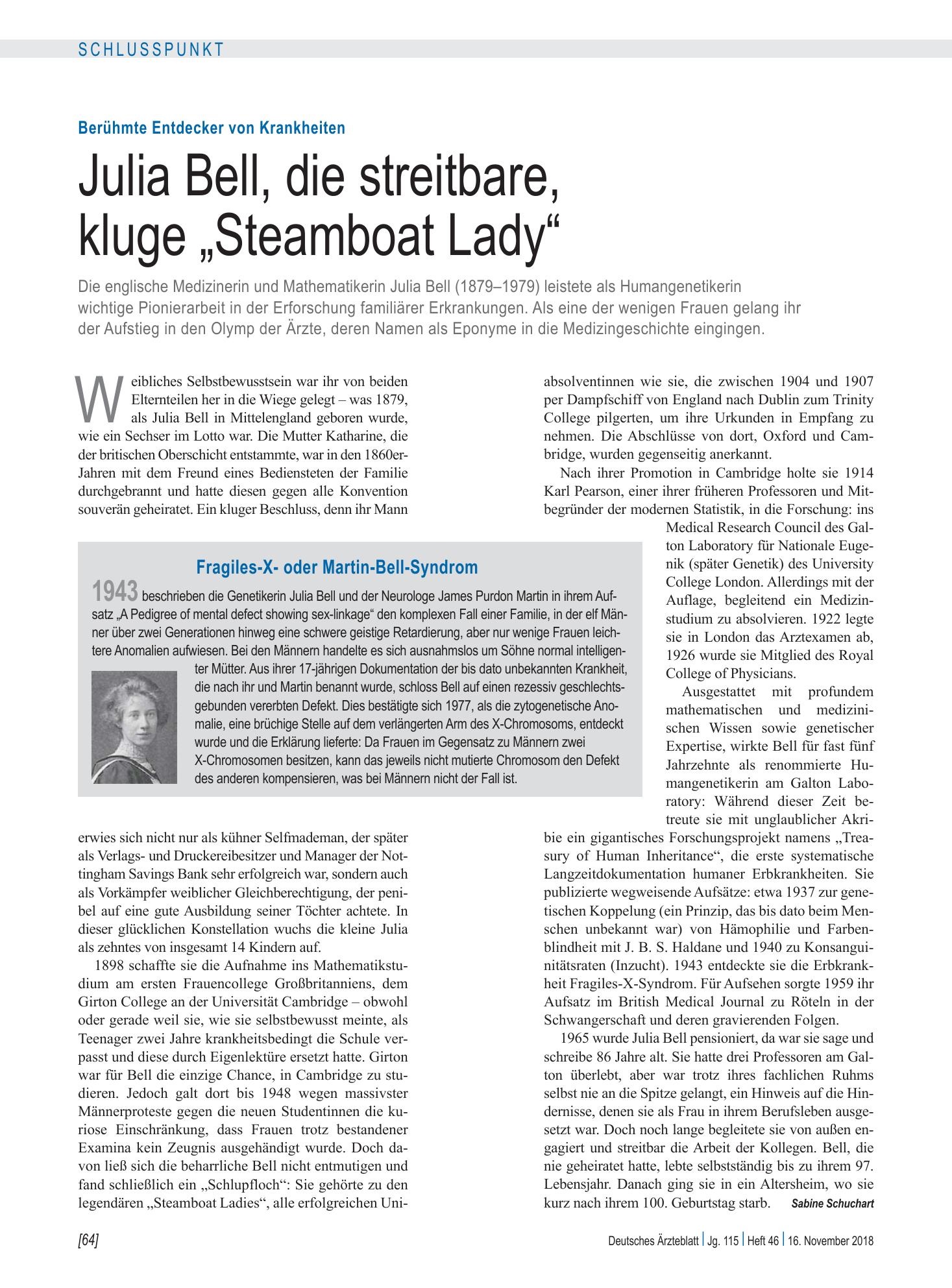 Vorschauseite 1: Berühmte Entdecker von Krankheiten: Julia Bell, die streitbare, kluge „Steamboat Lady“ – Deutsches Ärzteblatt