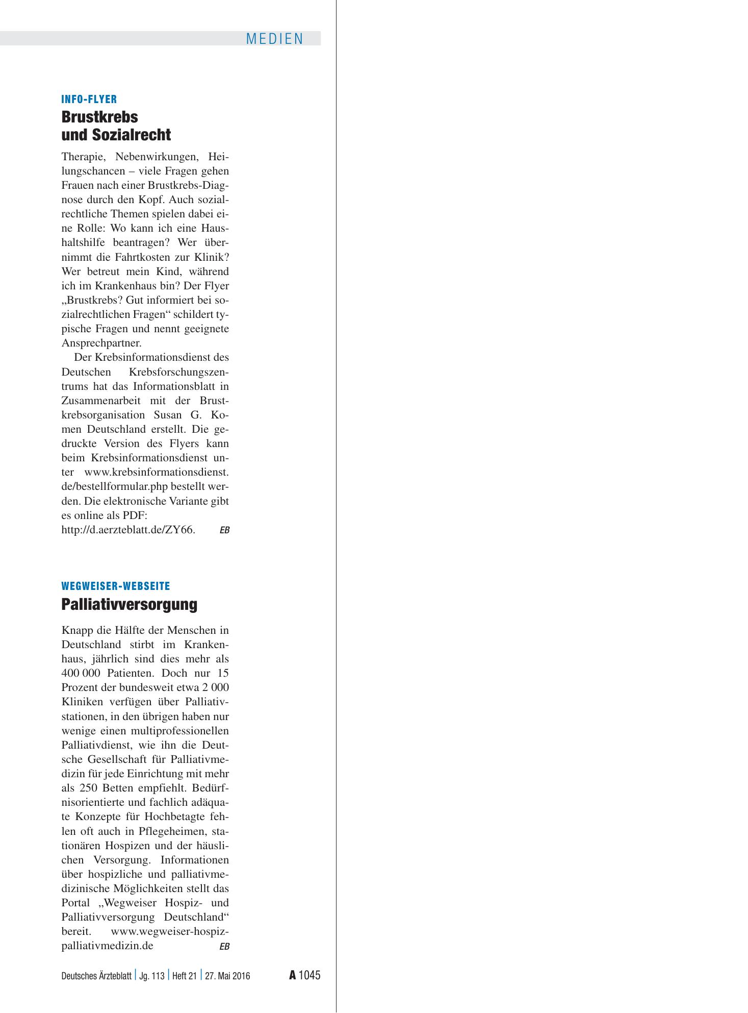 Vorschauseite 1: Wegweiser-Webseite: Palliativversorgung – Deutsches Ärzteblatt