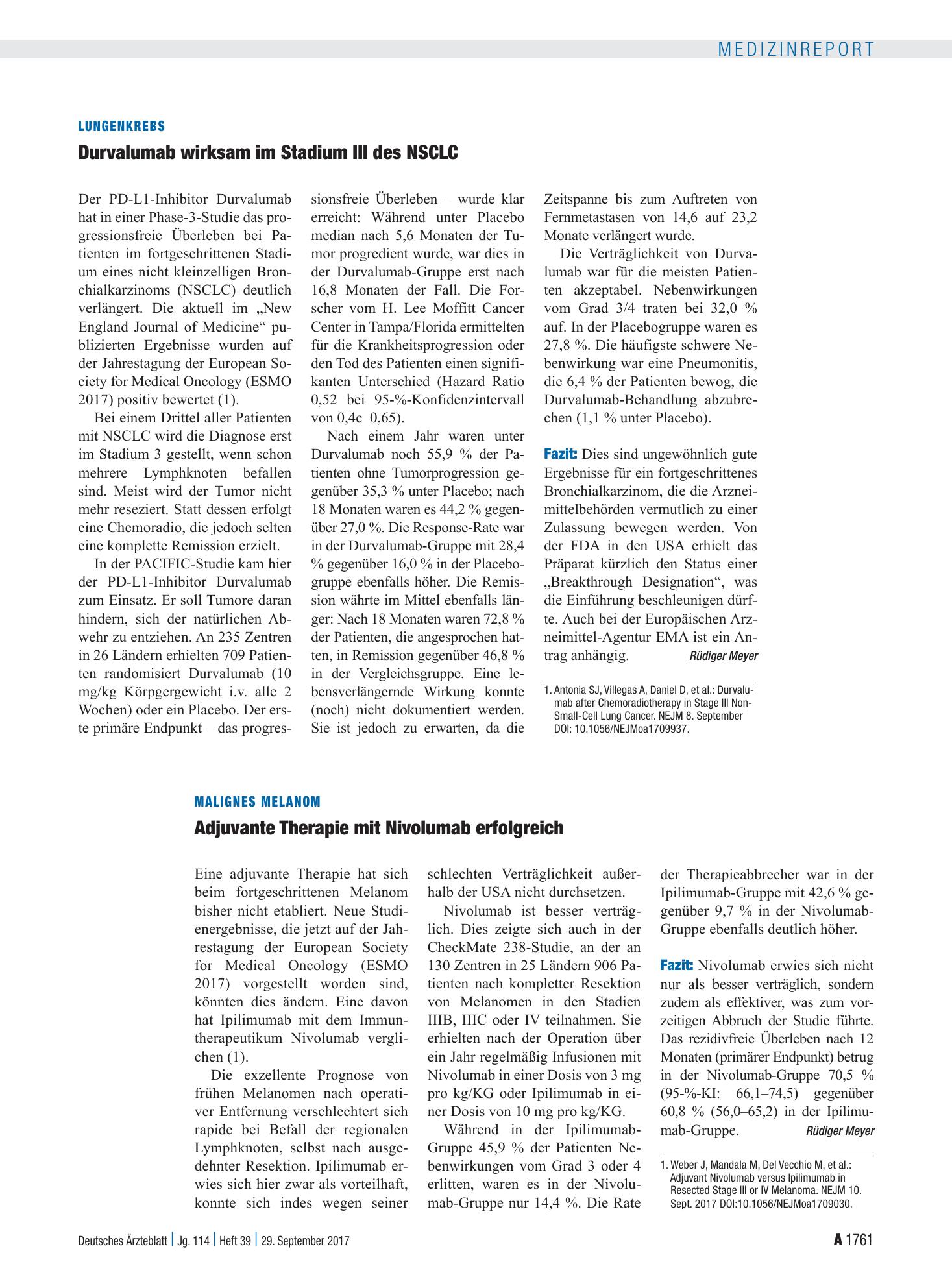 Vorschauseite 1: Malignes Melanom: Adjuvante Therapie mit Nivolumab erfolgreich – Deutsches Ärzteblatt