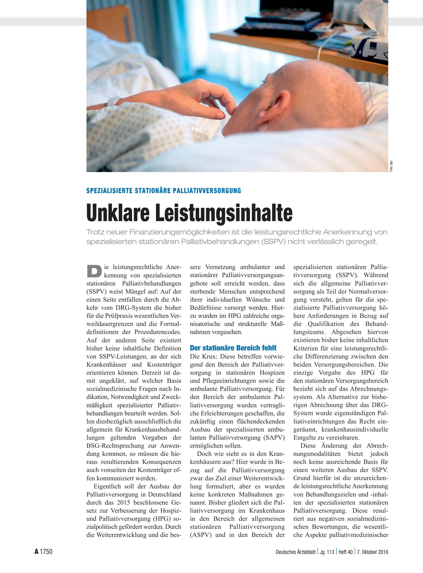 Vorschauseite 1: Spezialisierte stationäre Palliativversorgung: Unklare Leistungsinhalte – Deutsches Ärzteblatt