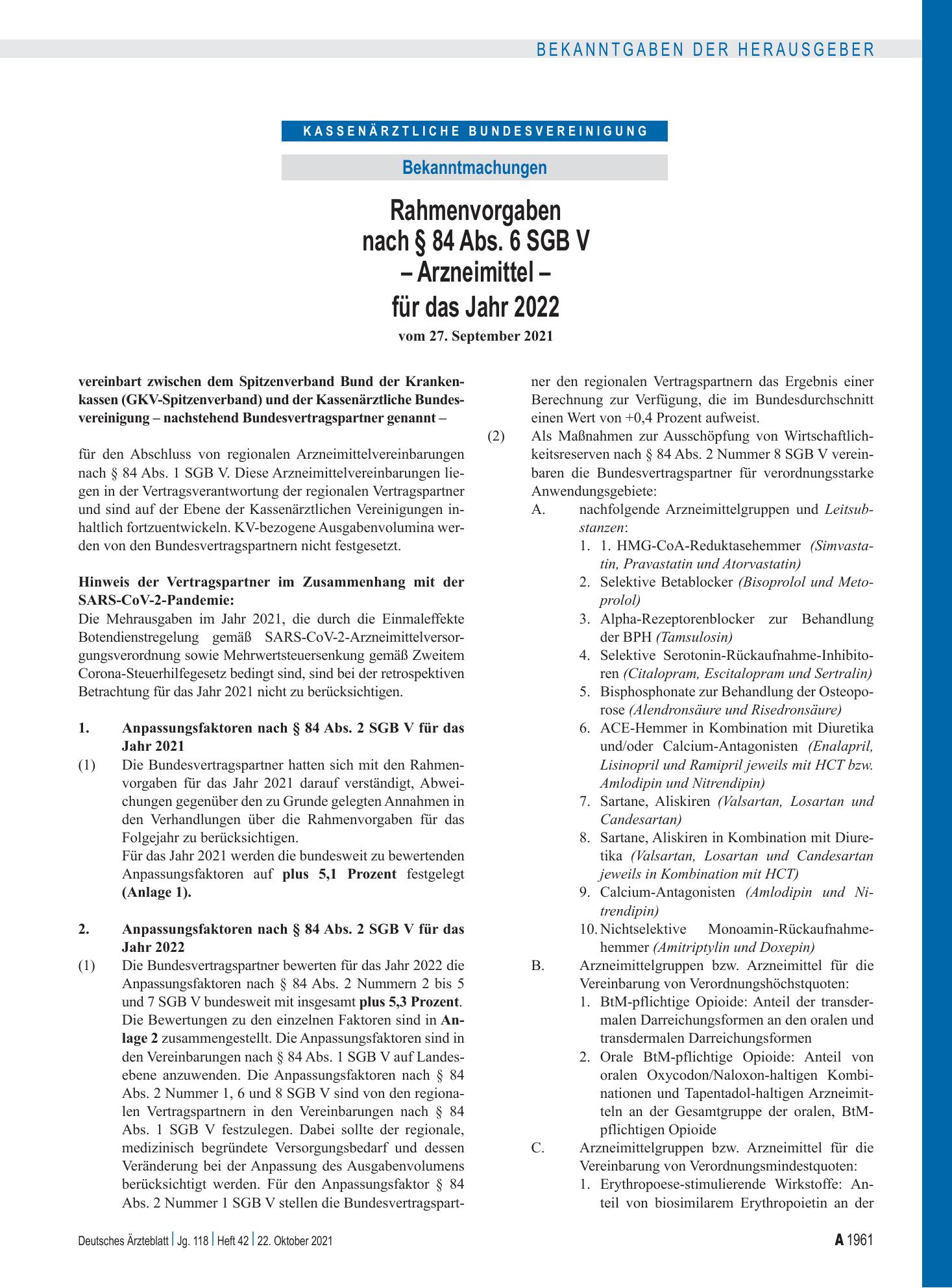 Vorschauseite 1: Rahmenvorgaben nach § 84 Abs. 6 SGB V – Arzneimittel – für das Jahr 2022 – Deutsches Ärzteblatt