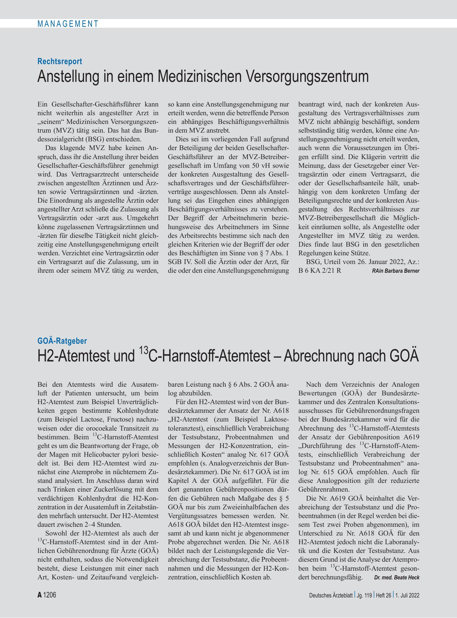 Vorschauseite 1: GOÄ-Ratgeber: H2-Atemtest und 13 C-Harnstoff-Atemtest – Abrechnung nach GOÄ – Deutsches Ärzteblatt