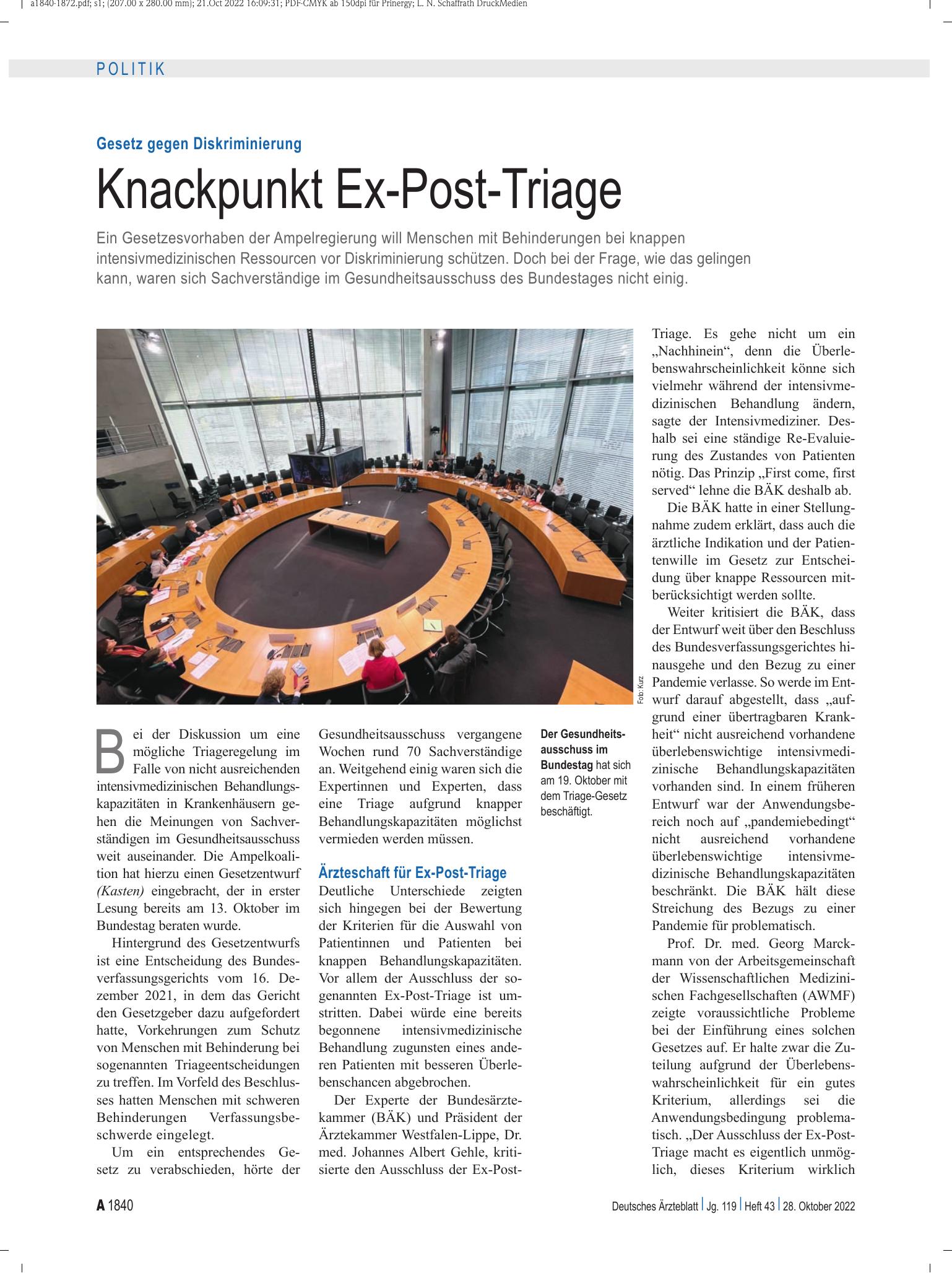 Vorschauseite 1: Gesetz gegen Diskriminierung: Knackpunkt Ex-Post-Triage – Deutsches Ärzteblatt