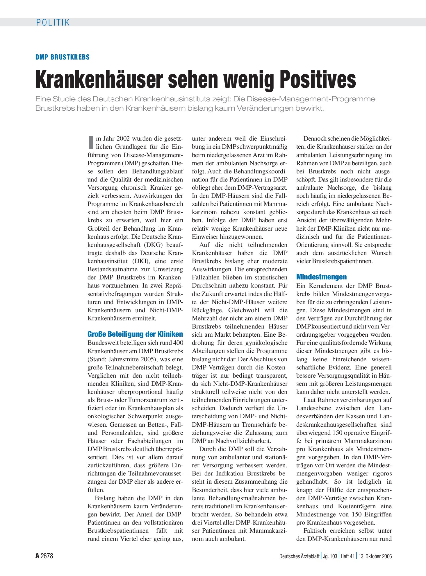 Vorschauseite 1: DMP Brustkrebs: Krankenhäuser sehen wenig Positives – Deutsches Ärzteblatt