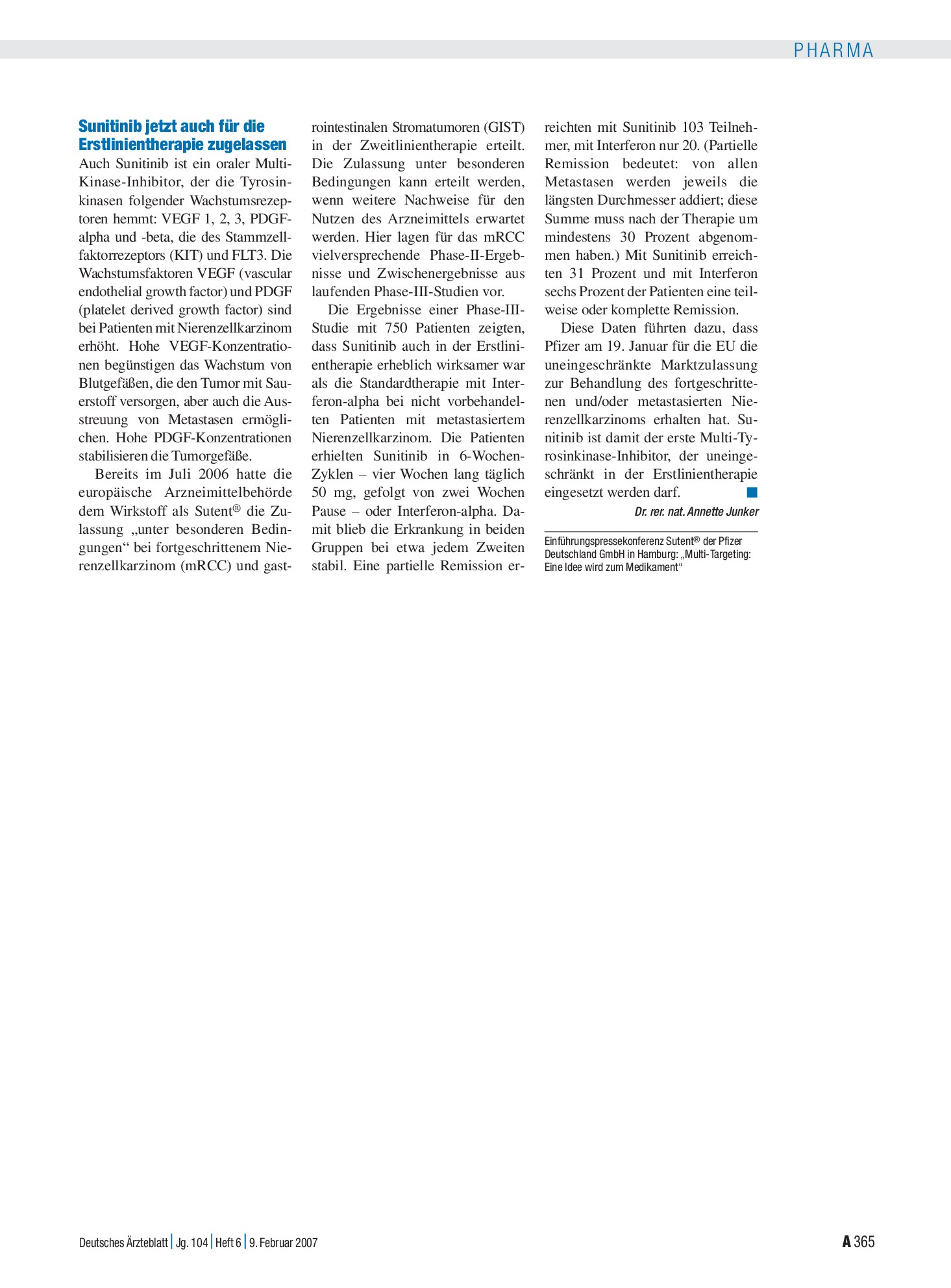 Vorschauseite 1: Sunitinib jetzt auch für die Erstlinientherapie zugelassen – Deutsches Ärzteblatt