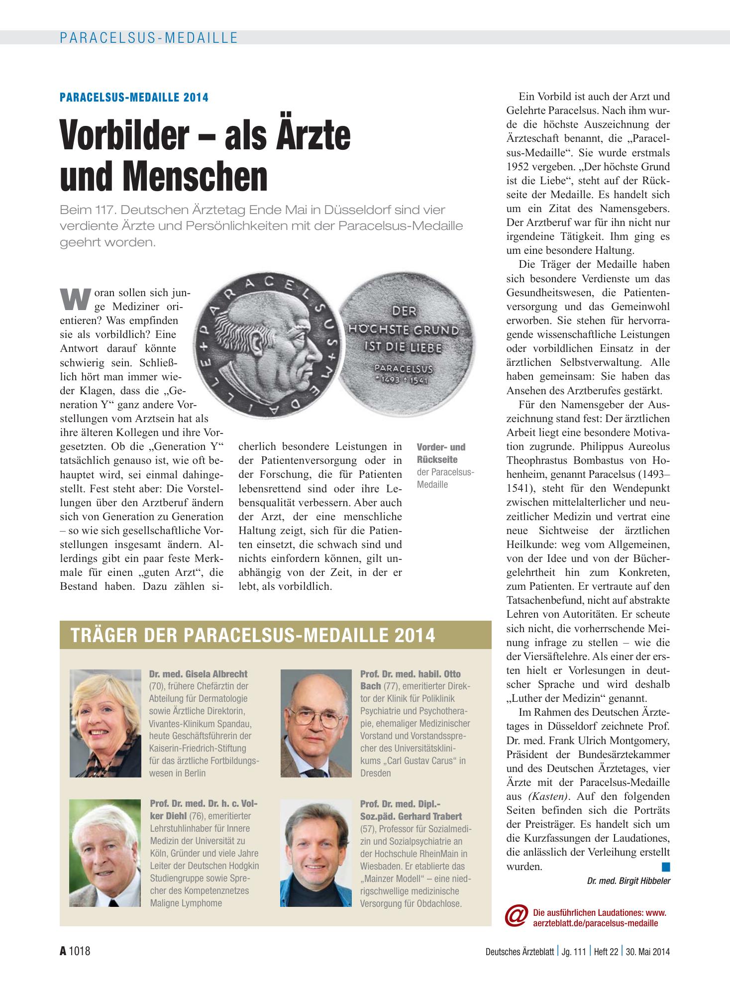 Vorschauseite 1: Paracelsus-Medaille 2014: Vorbilder – als Ärzte und Menschen – Deutsches Ärzteblatt