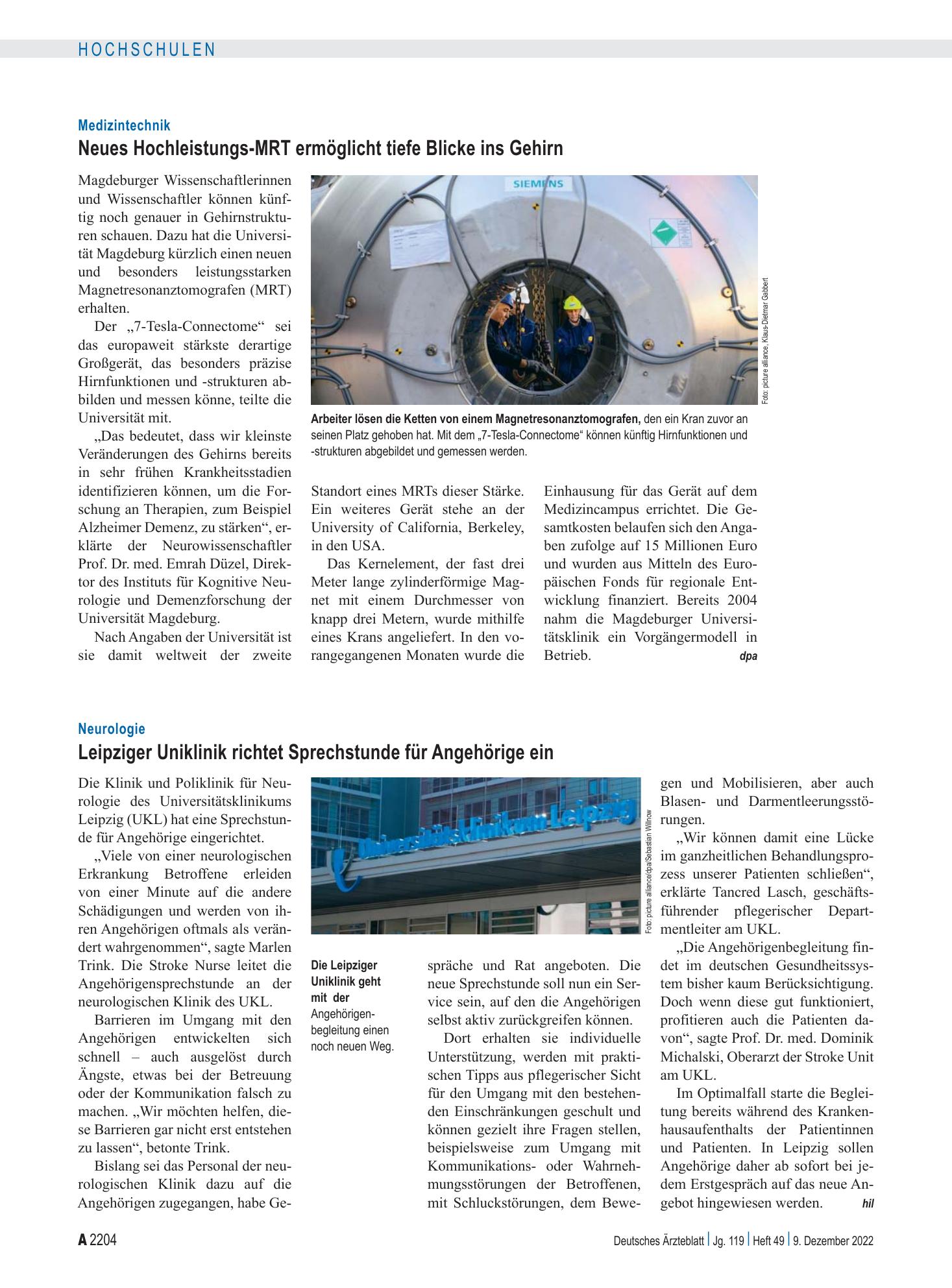 Vorschauseite 1: Neurologie: Leipziger Uniklinik richtet Sprechstunde für Angehörige ein – Deutsches Ärzteblatt
