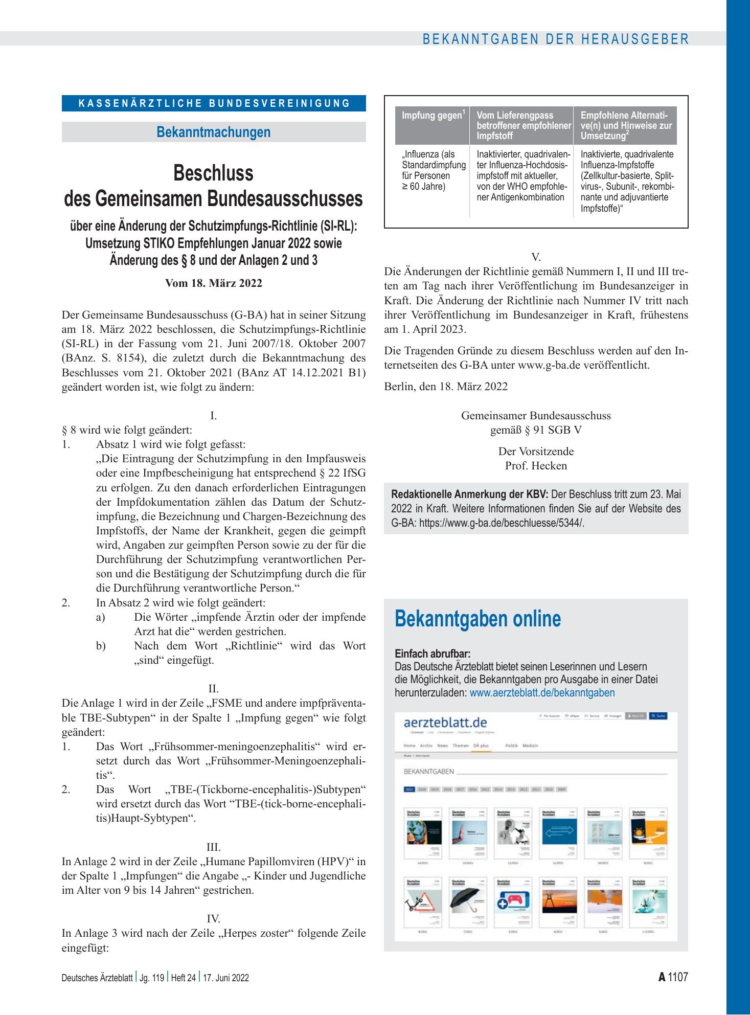 Vorschauseite 1: Bekanntgaben online – Deutsches Ärzteblatt