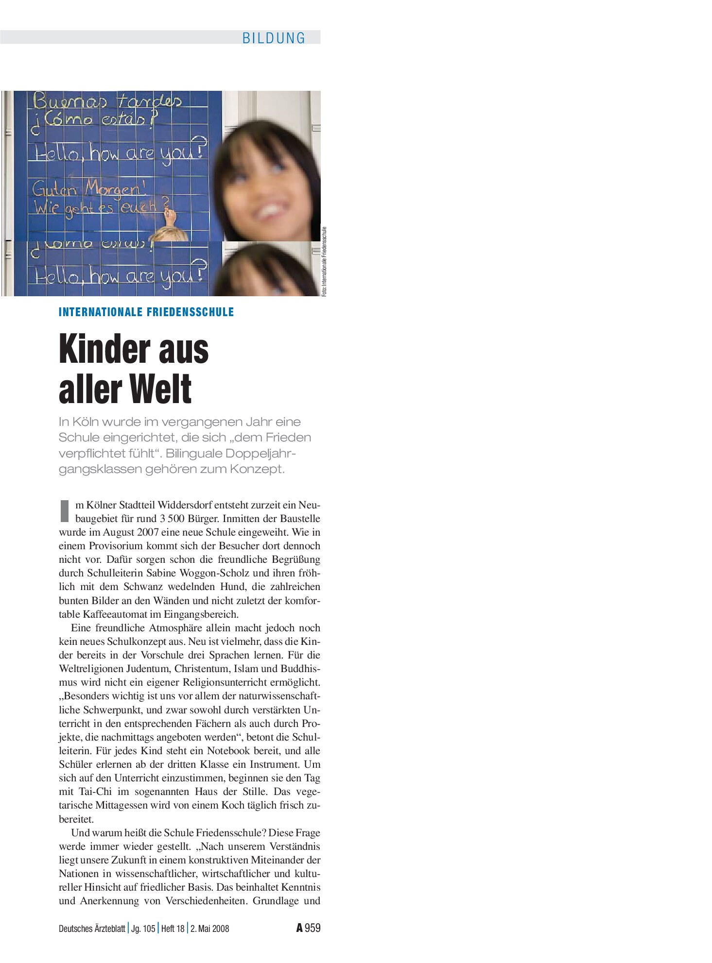 Vorschauseite 1: Internationale Friedensschule: Kinder aus aller Welt – Deutsches Ärzteblatt