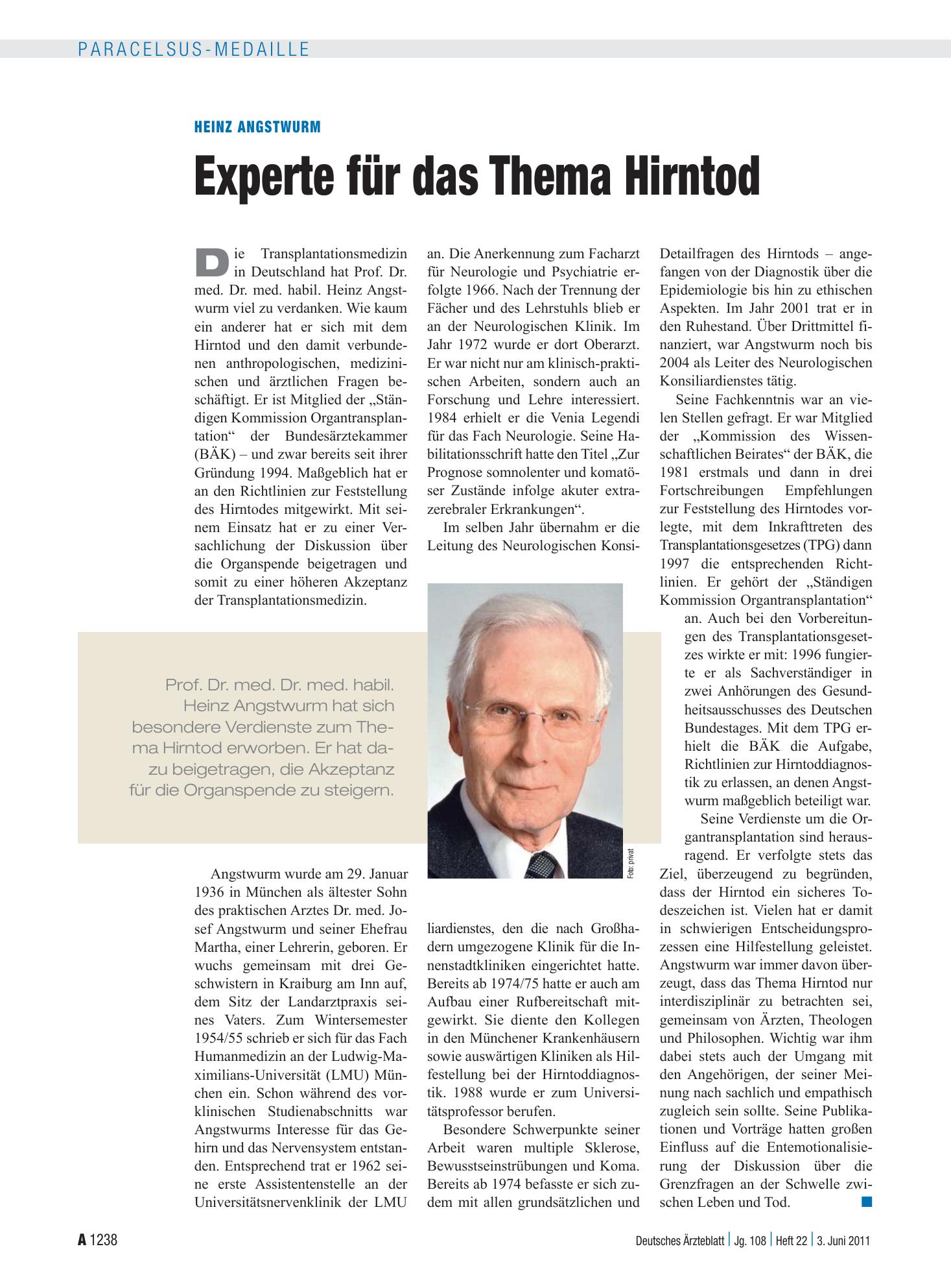 Vorschauseite 1: Heinz Angstwurm: Experte für das Thema Hirntod – Deutsches Ärzteblatt