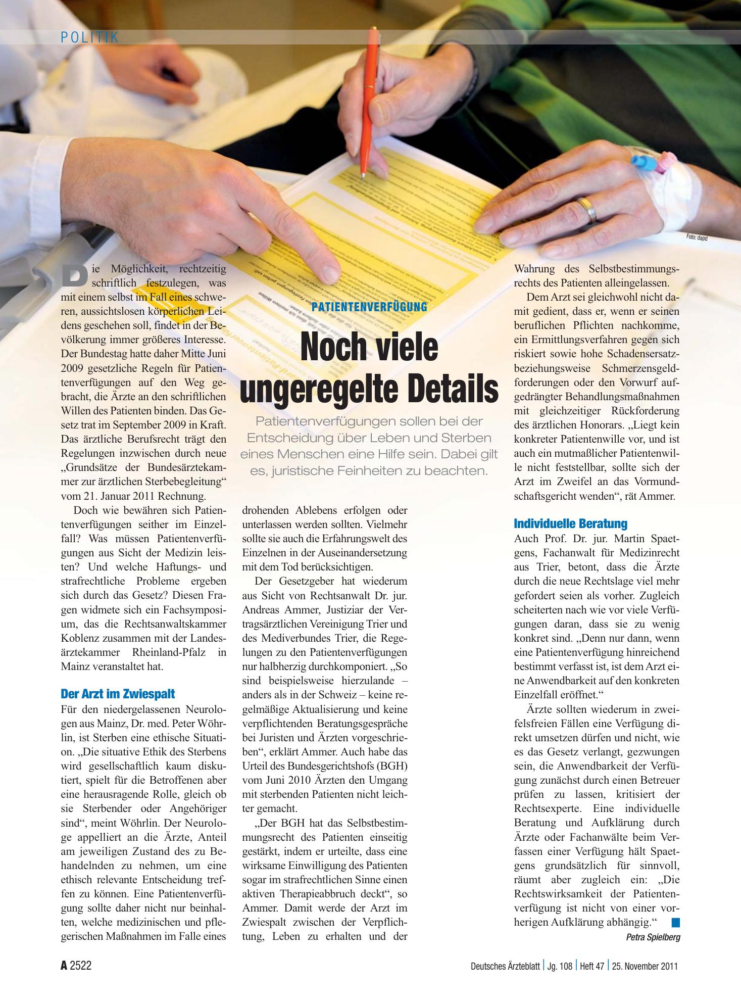 Vorschauseite 1: Patientenverfügung: Noch viele ungeregelte Details – Deutsches Ärzteblatt