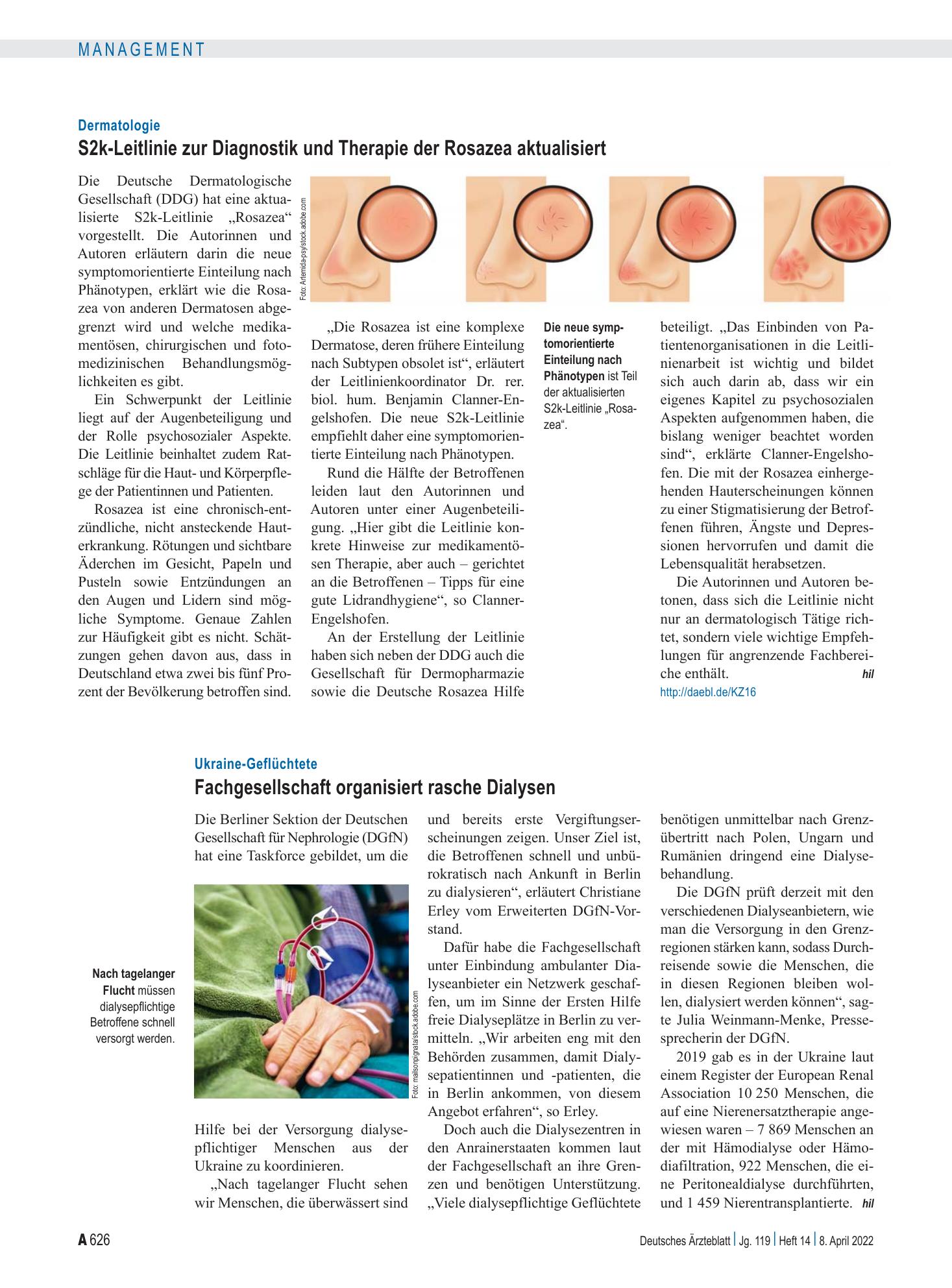 Vorschauseite 1: Dermatologie: S2k-Leitlinie zur Diagnostik und Therapie der Rosazea aktualisiert – Deutsches Ärzteblatt