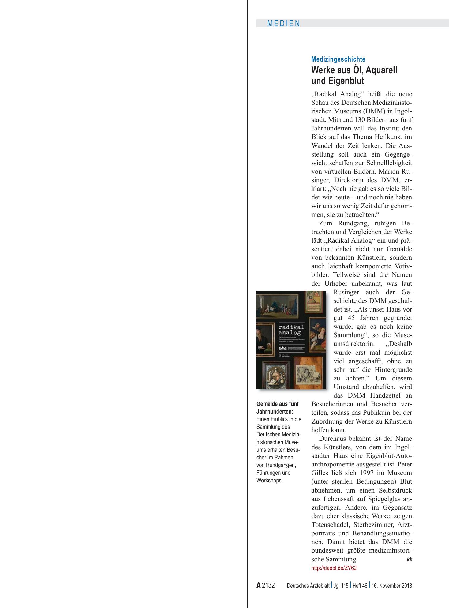 Vorschauseite 1: Medizingeschichte: Werke aus Öl, Aquarell und Eigenblut – Deutsches Ärzteblatt