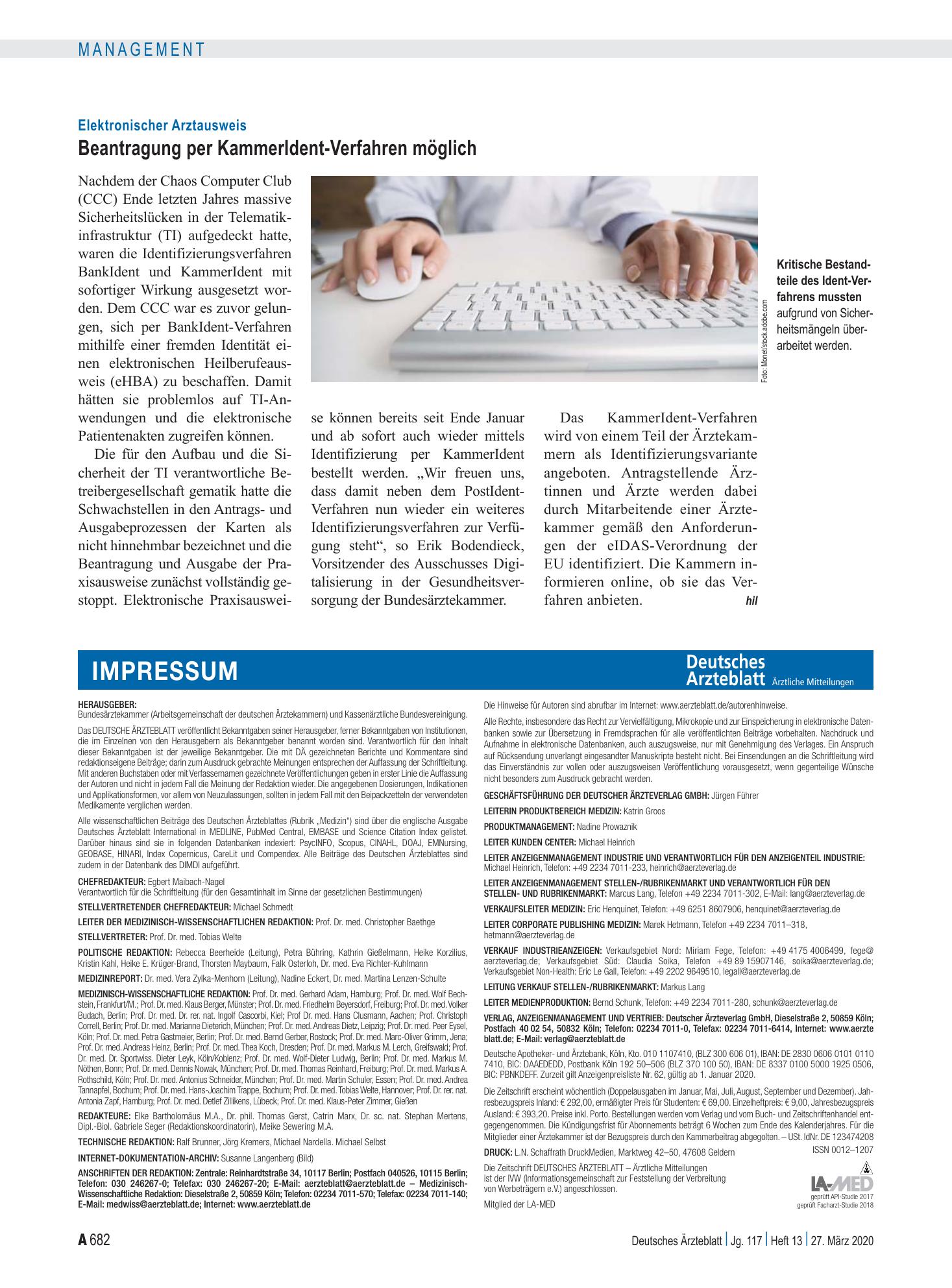 Vorschauseite 1: Elektronischer Arztausweis: Beantragung per KammerIdent-Verfahren möglich – Deutsches Ärzteblatt