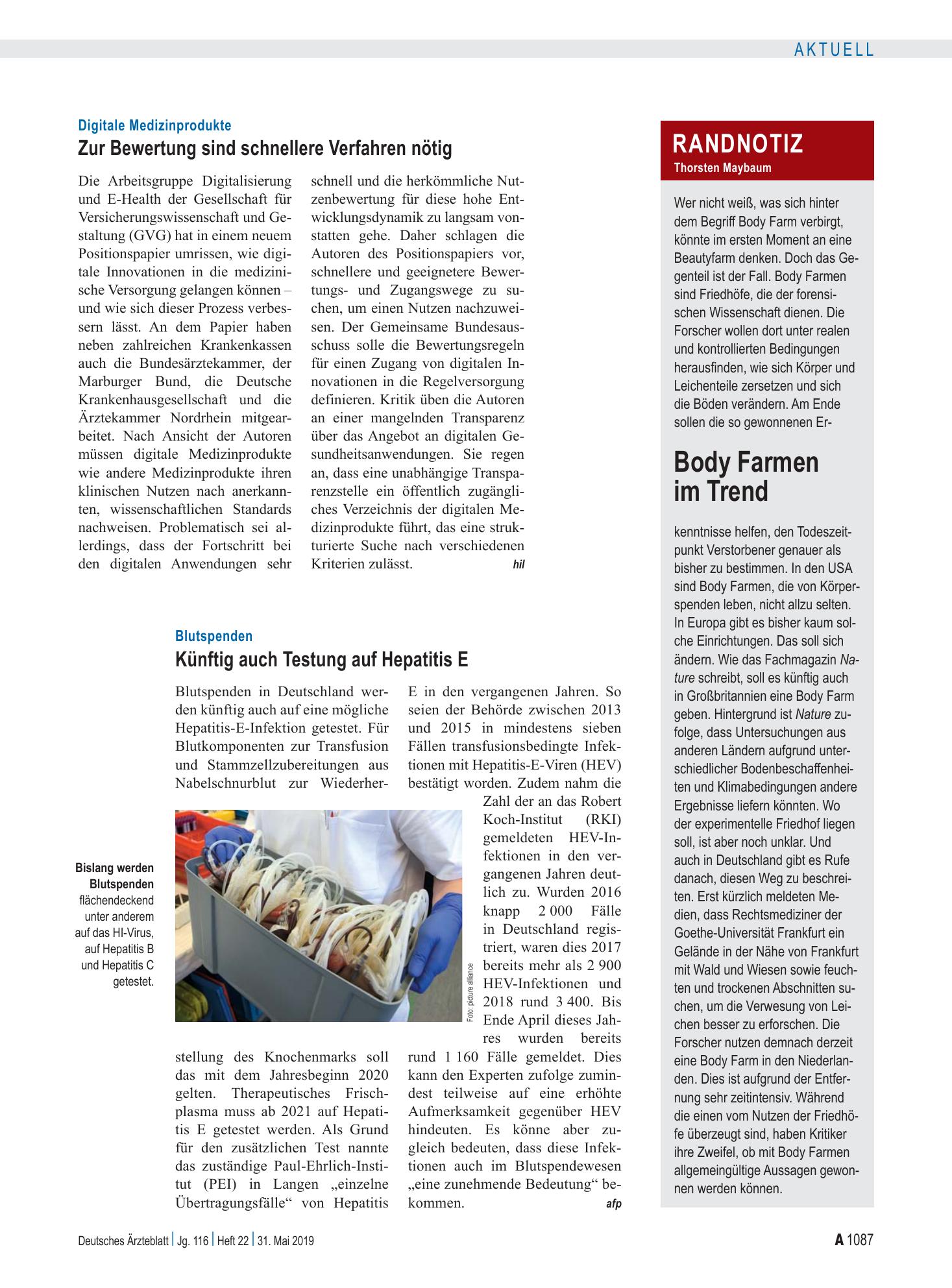 Vorschauseite 1: Blutspenden: Künftig auch Testung auf Hepatitis E – Deutsches Ärzteblatt